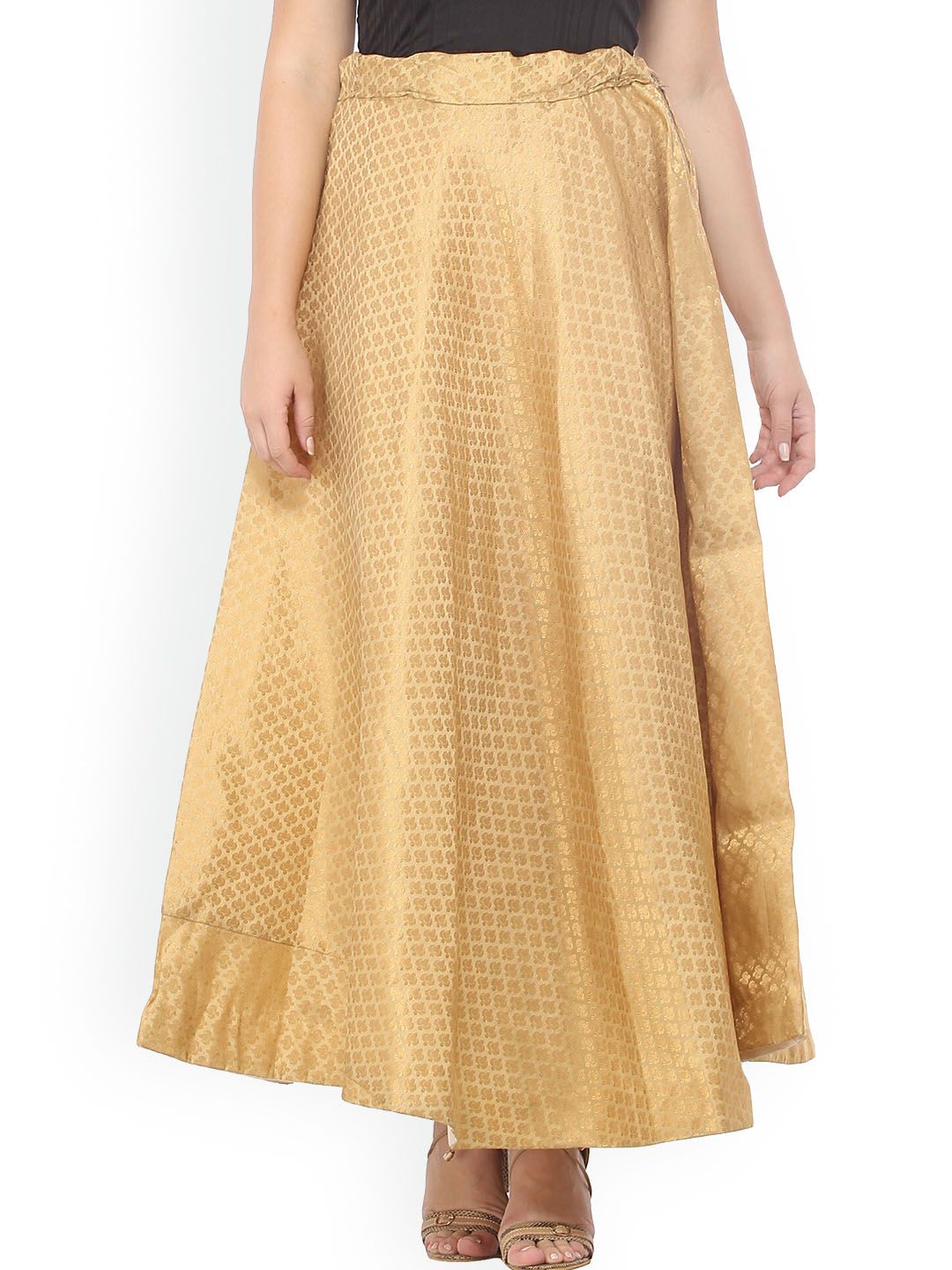 Exotic India Sand Brown Art Silk Long Skirt with Zari Woven Golden Bootis All Over