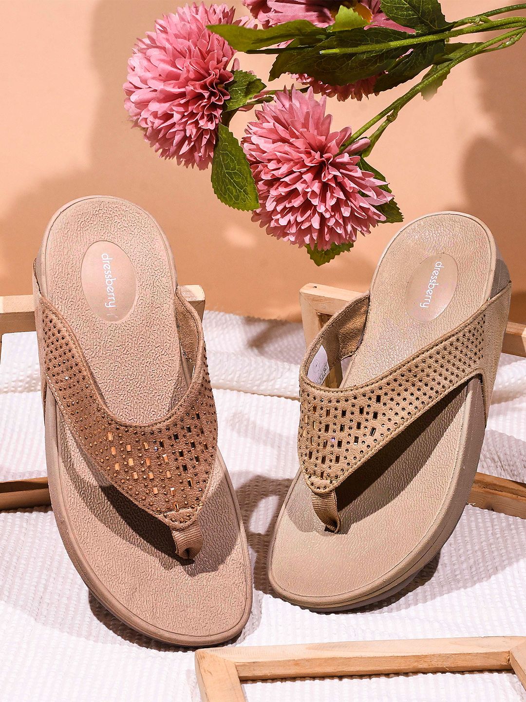 DressBerry Women Beige Embellished Thong Flip-Flops