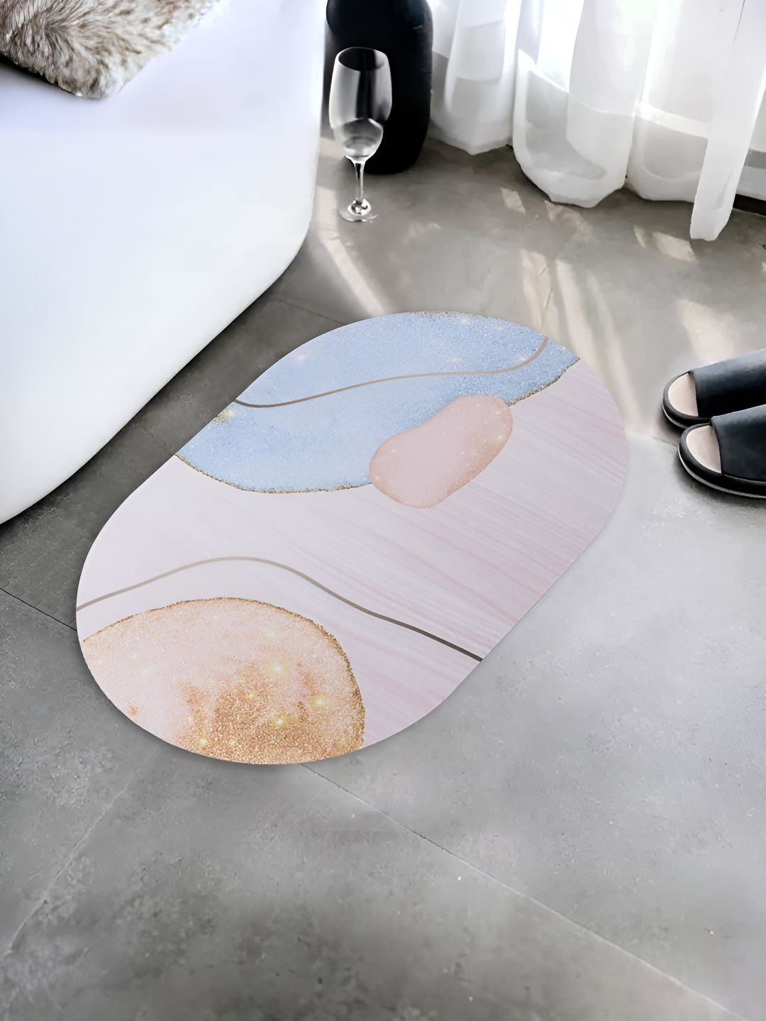 UMAI Cream-Coloured & Blue Printed 240 GSM Anti-Skid Bath Rug