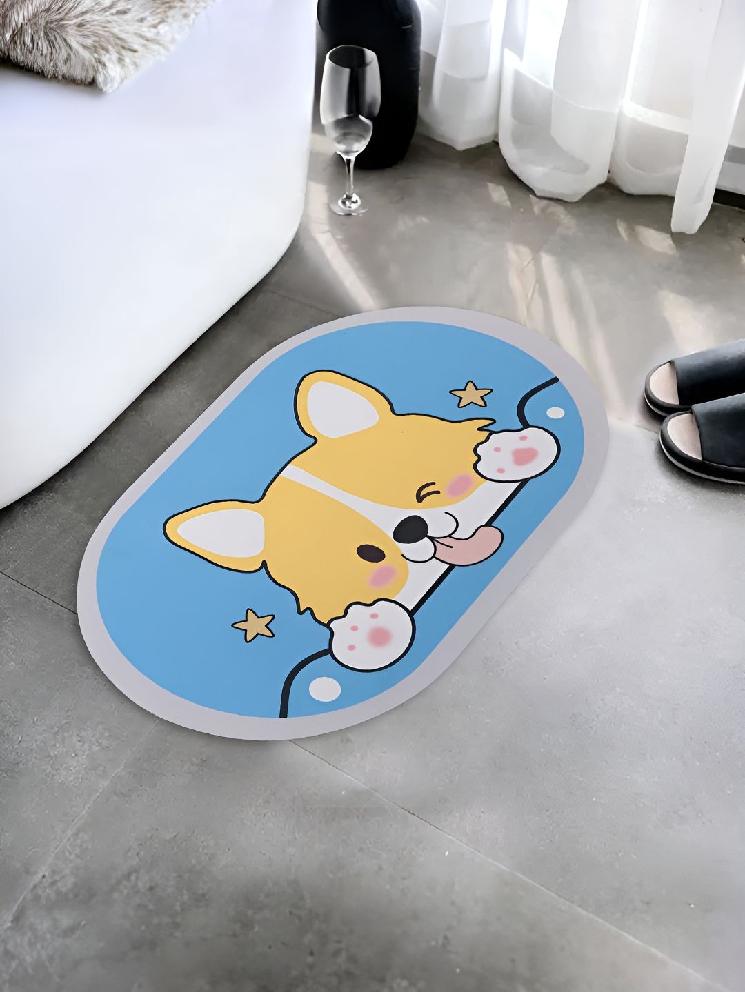 UMAI Blue & Yellow Printed 240 GSM Anti-Skid Bath Mat