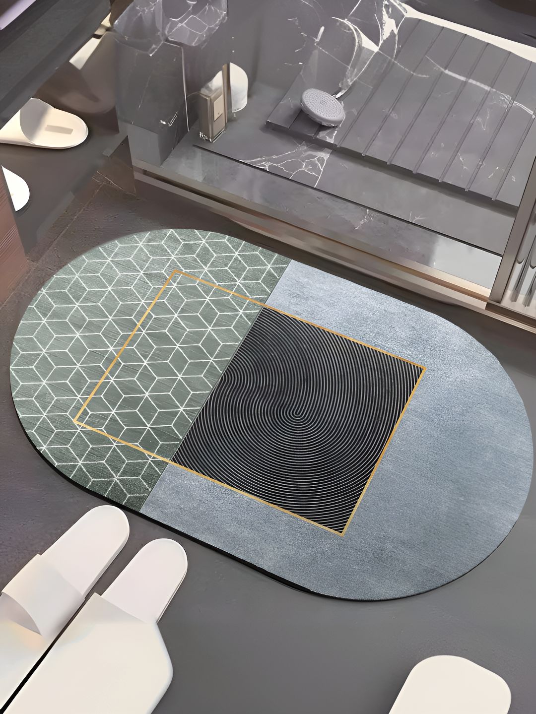 UMAI Blue & Grey Printed 240 GSM Anti-Skid Bath Mat