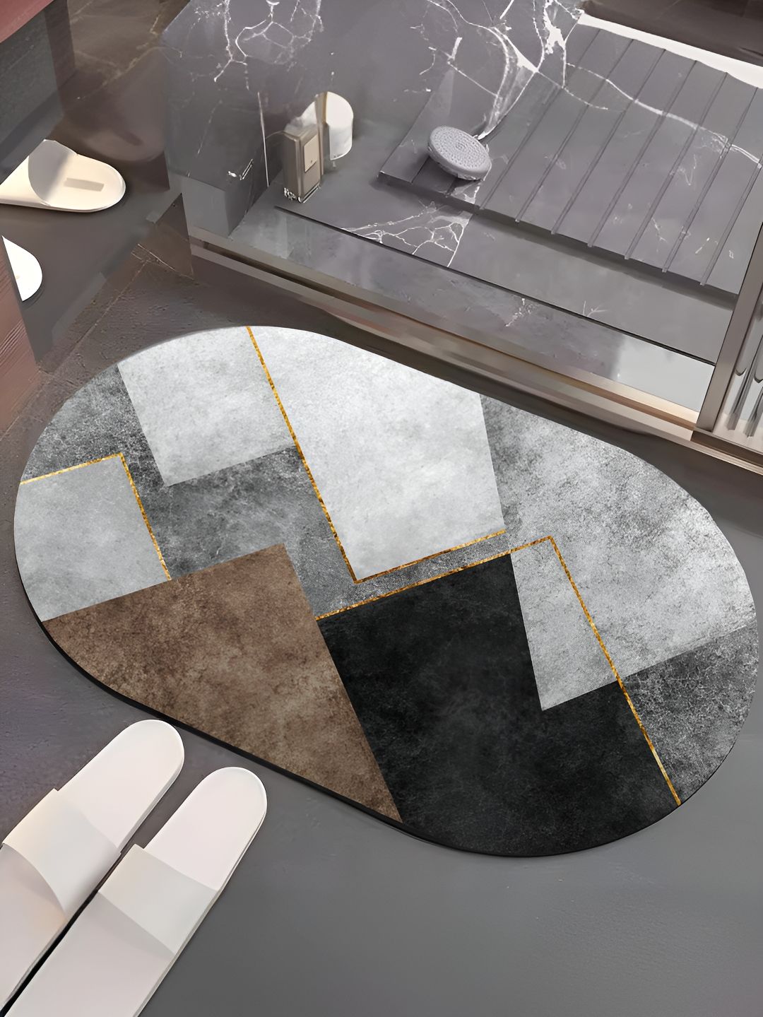 UMAI Grey & Black Geometric Anti-Skid Bathroom Mat