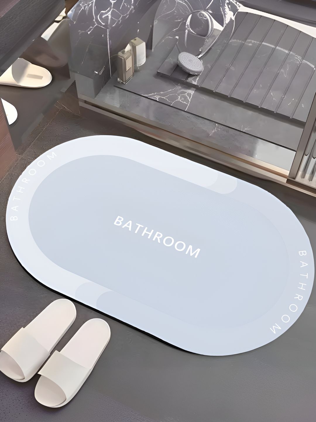 UMAI Blue & White 240 GSM Bathroom-Printed Anti-Skid Oval Bath Mat