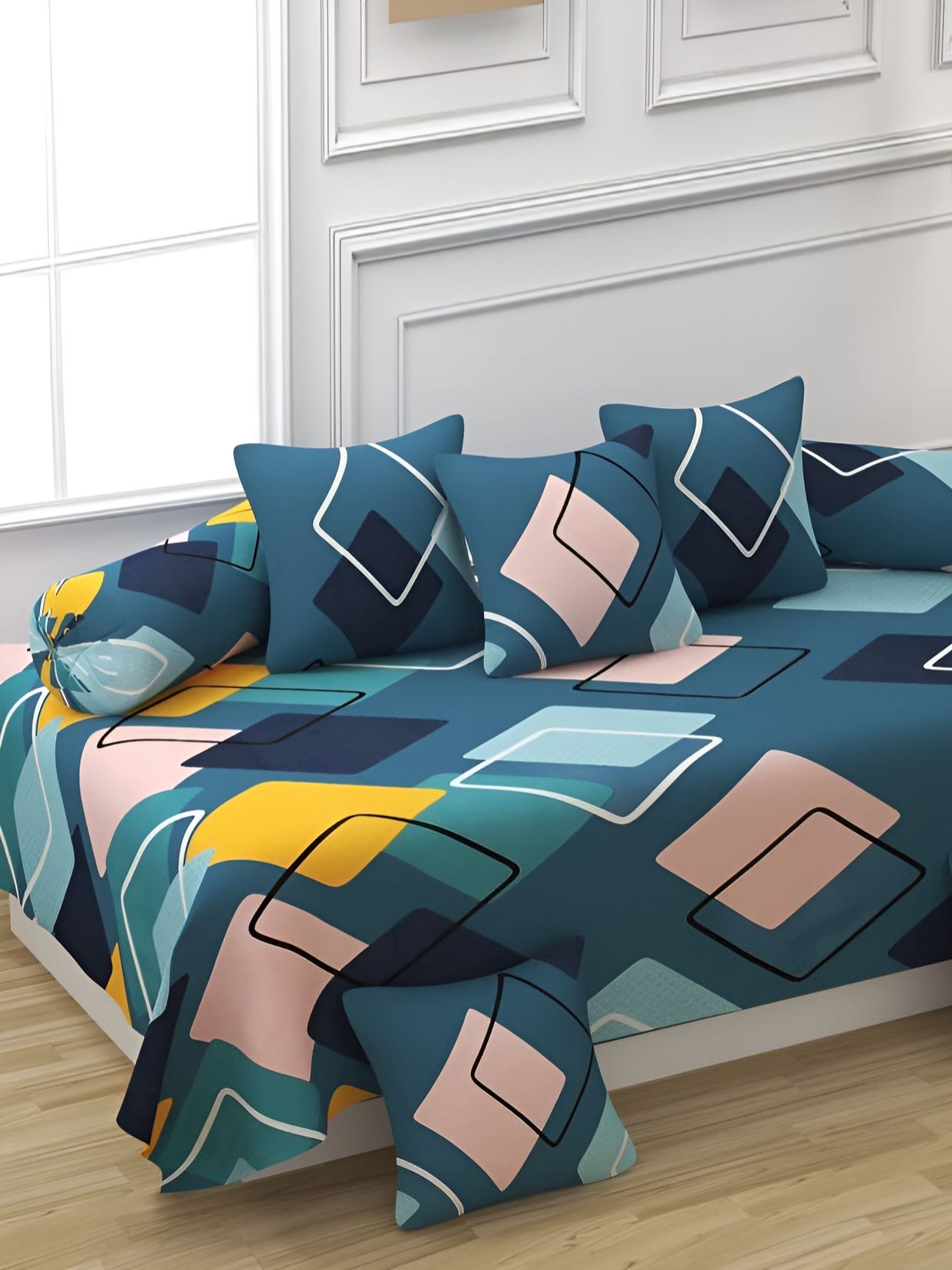 RRC 8-pcs Green & Blue Geometric Printed Microfiber Cotton Diwan Set