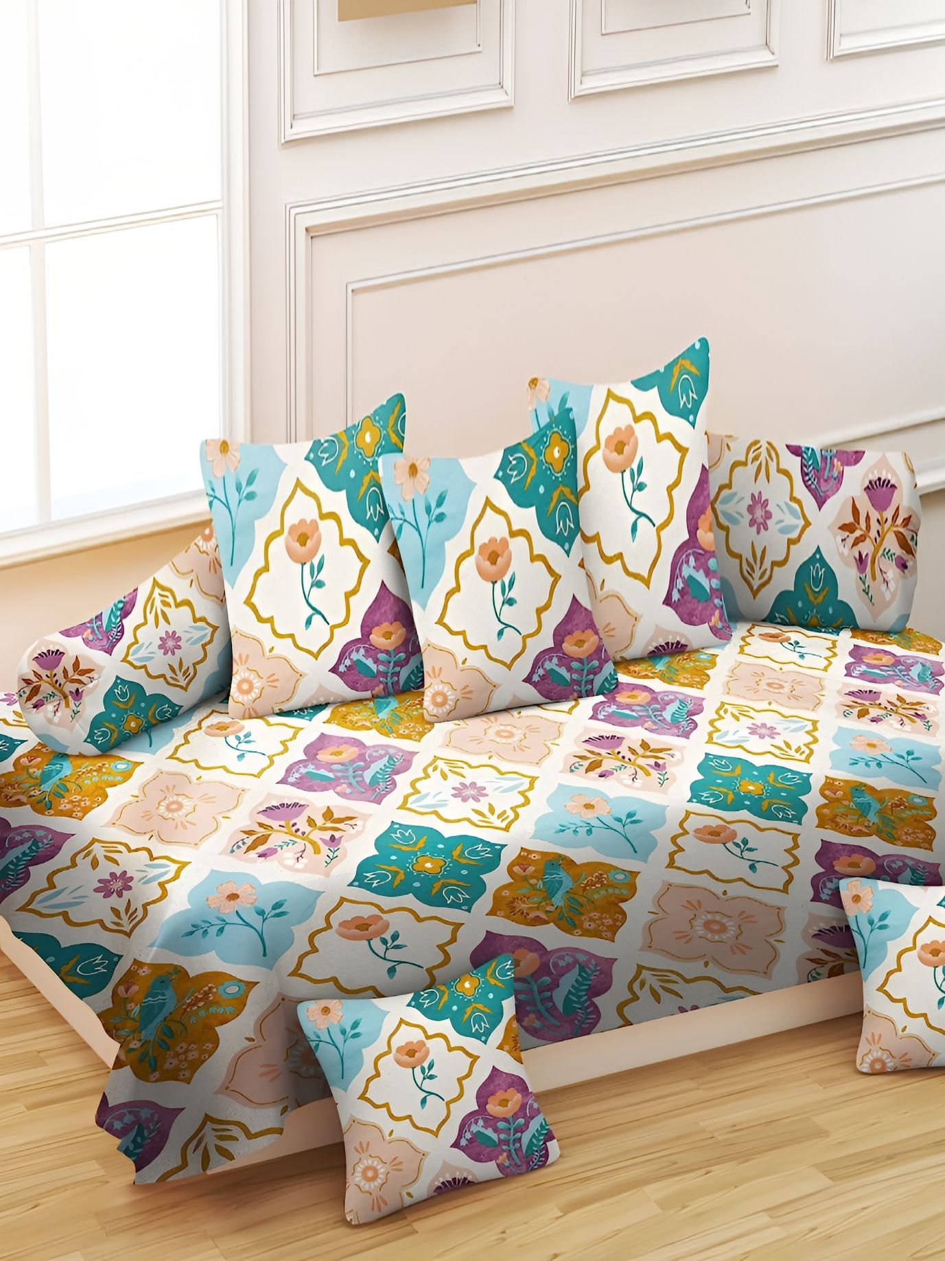 RRC 8-pcs White & Blue Geometric Printed Microfiber Cotton Diwan Set