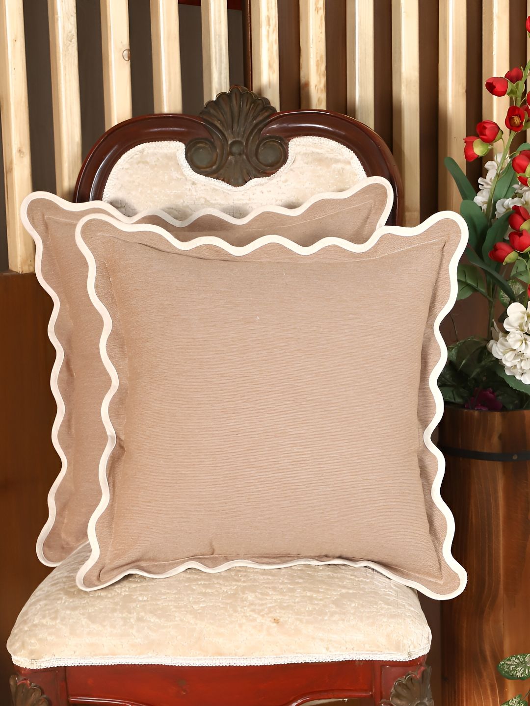 Home Brown & White 2 Pieces Cotton Square Cushion Covers