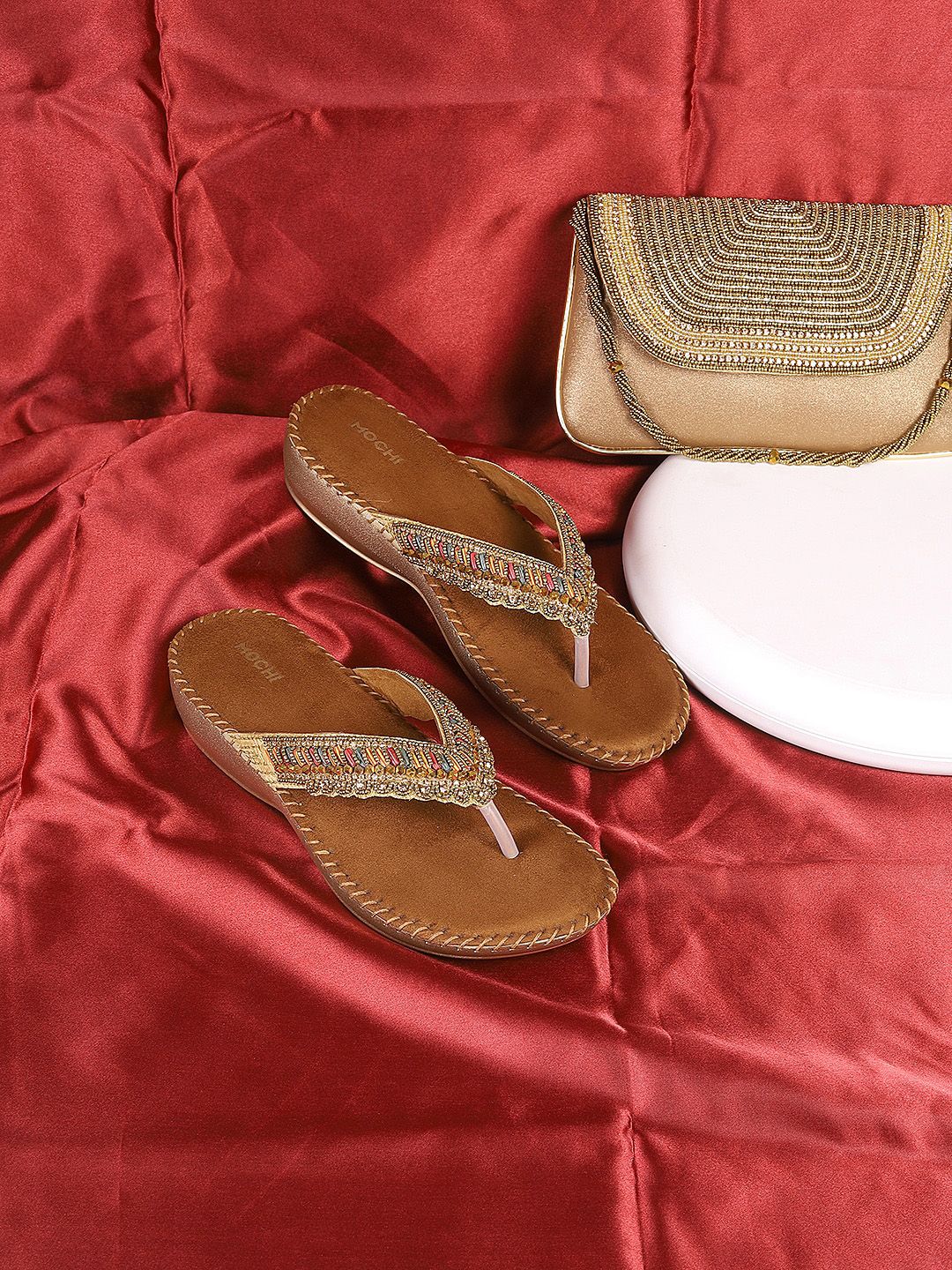 Mochi Mochi womens Brown Embellished Open Toe T-Strap Heels