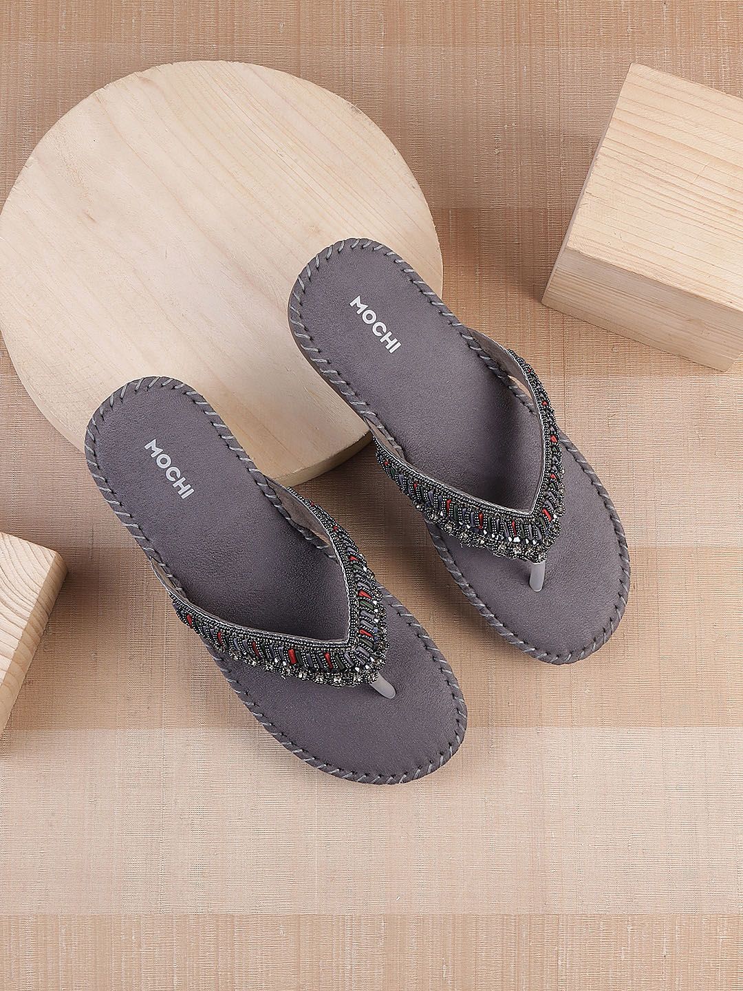 Mochi Mochi womens Grey Embellished Open Toe T-Strap Heels