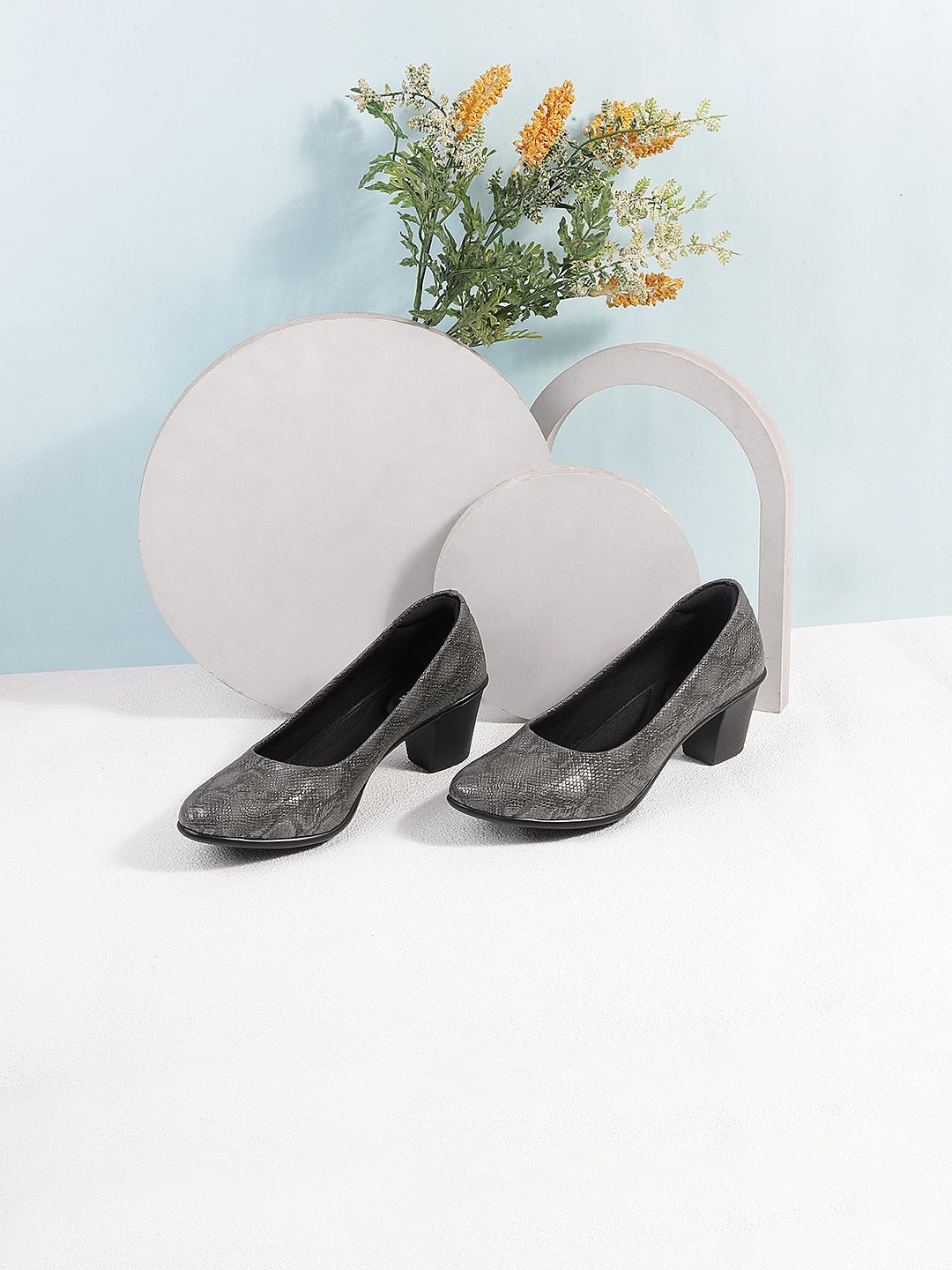 Mochi Textured Round Toe Block Heeled Pumps