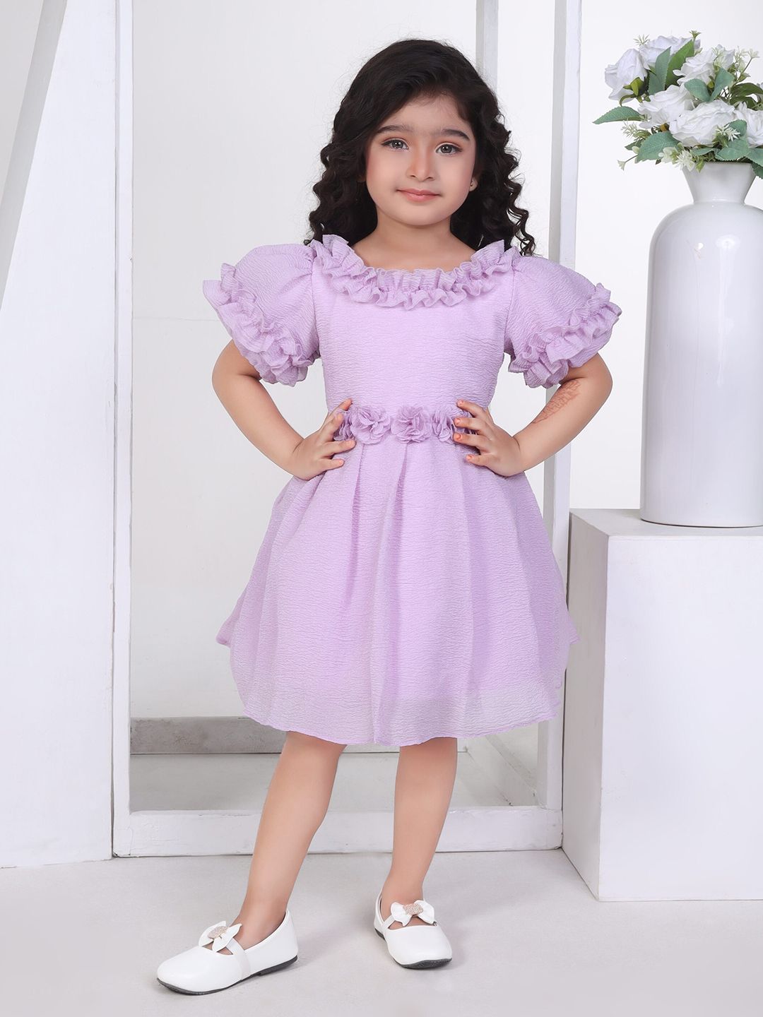 Peppermint Fashion Rainbows Girls Round Neck Flutter Sleeves Crepe Fit & Flare Dress