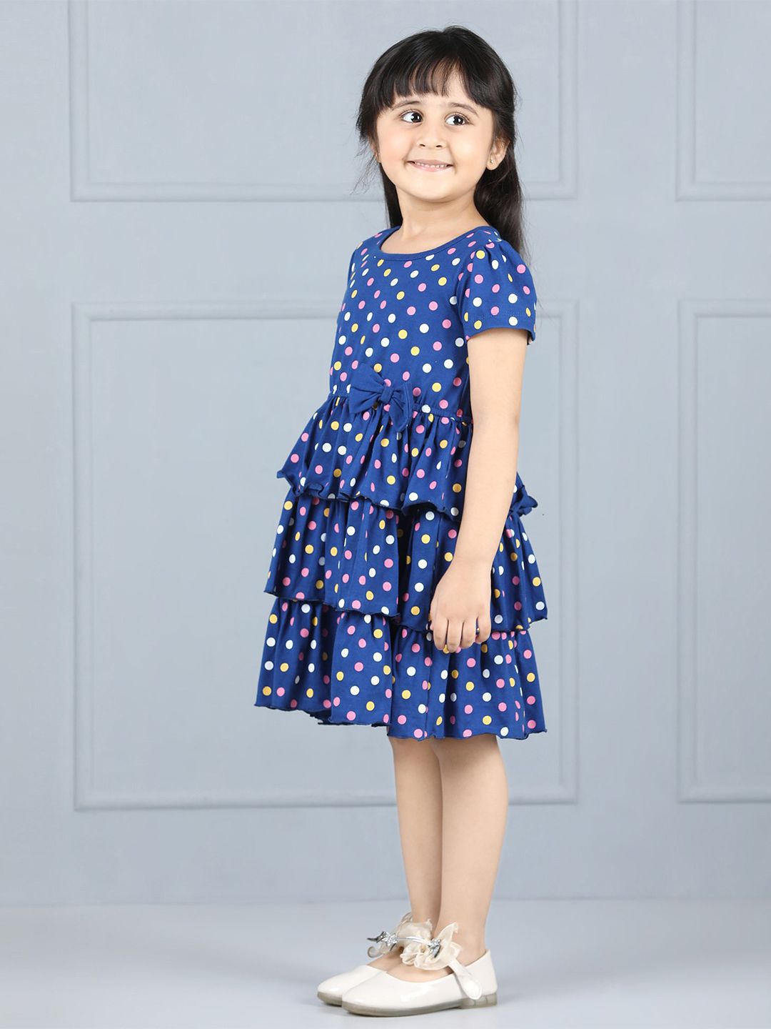 Hola Bonita Girls Polka Dot Print Round Neck Short Sleeves Fit & Flare Dress