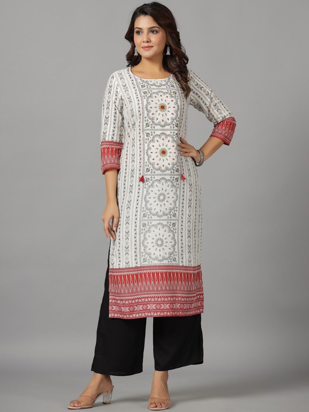 Juniper Geometric Printed Round Neck Three-Quarter Sleeves Liva Kurta