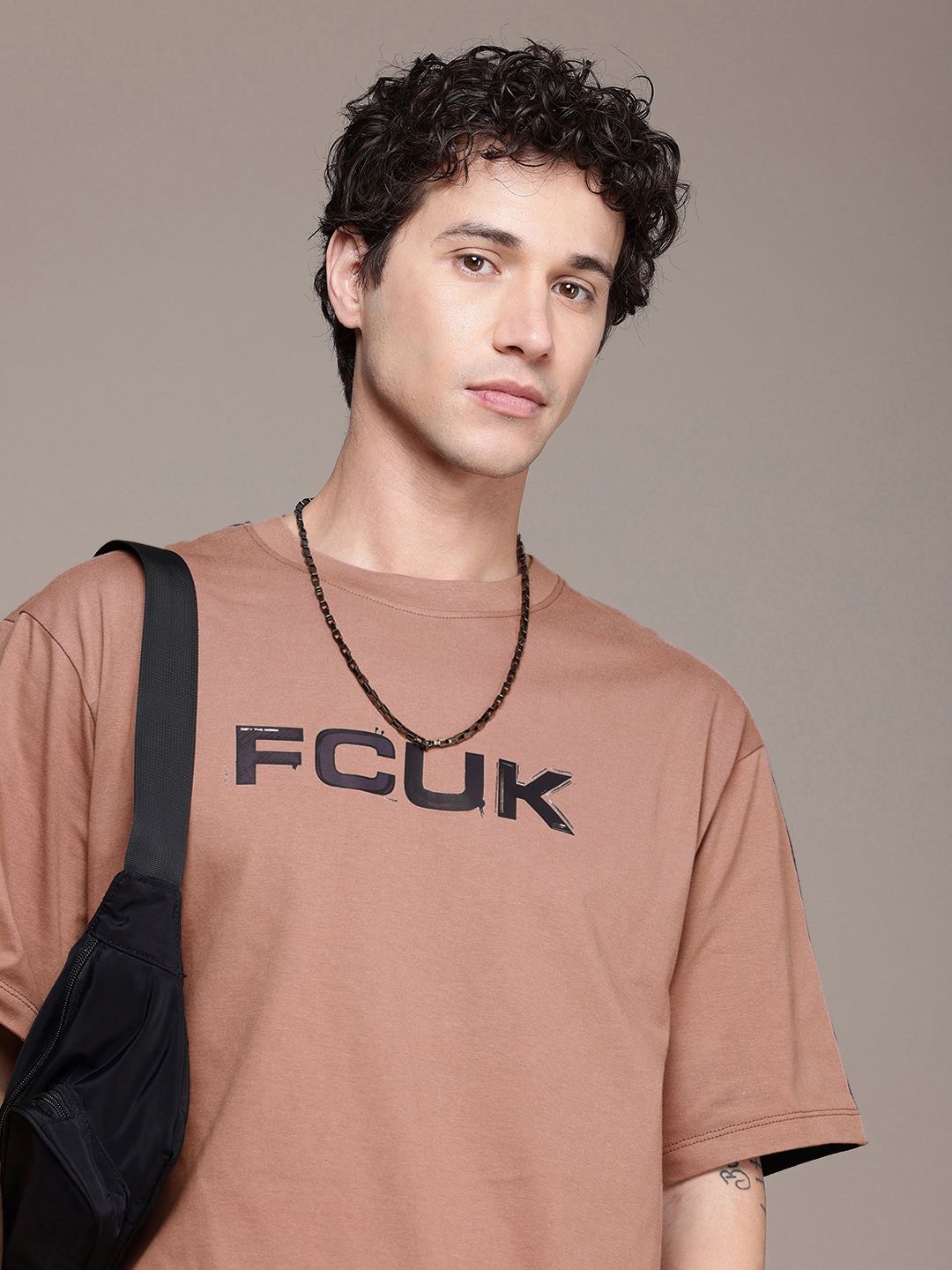 FCUK Brand Logo Printed Drop-Shoulder Sleeves Relaxed Fit Pure Cotton T-shirt