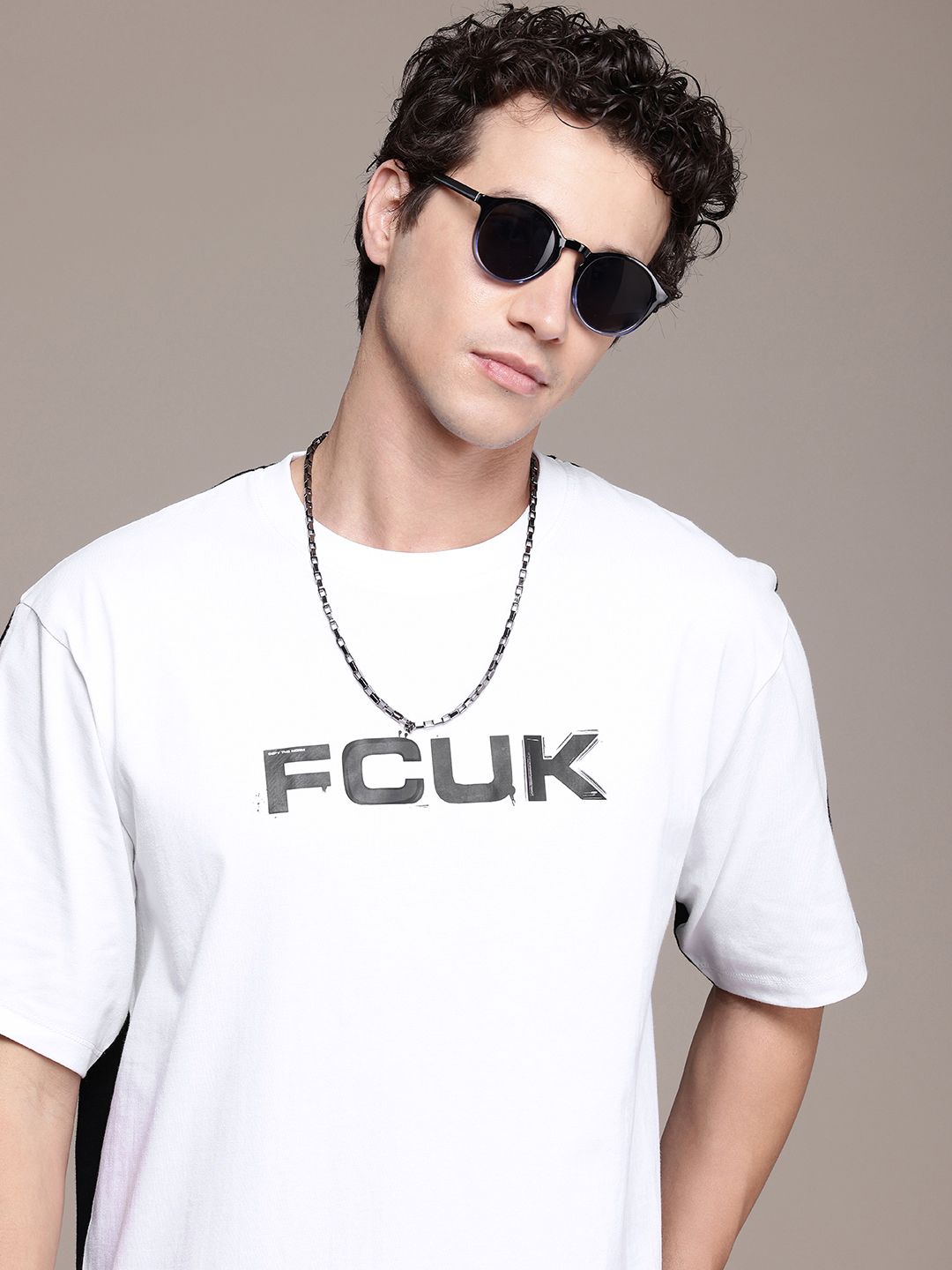 FCUK Brand Logo Printed Drop-Shoulder Sleeves Relaxed Fit Pure Cotton T-shirt