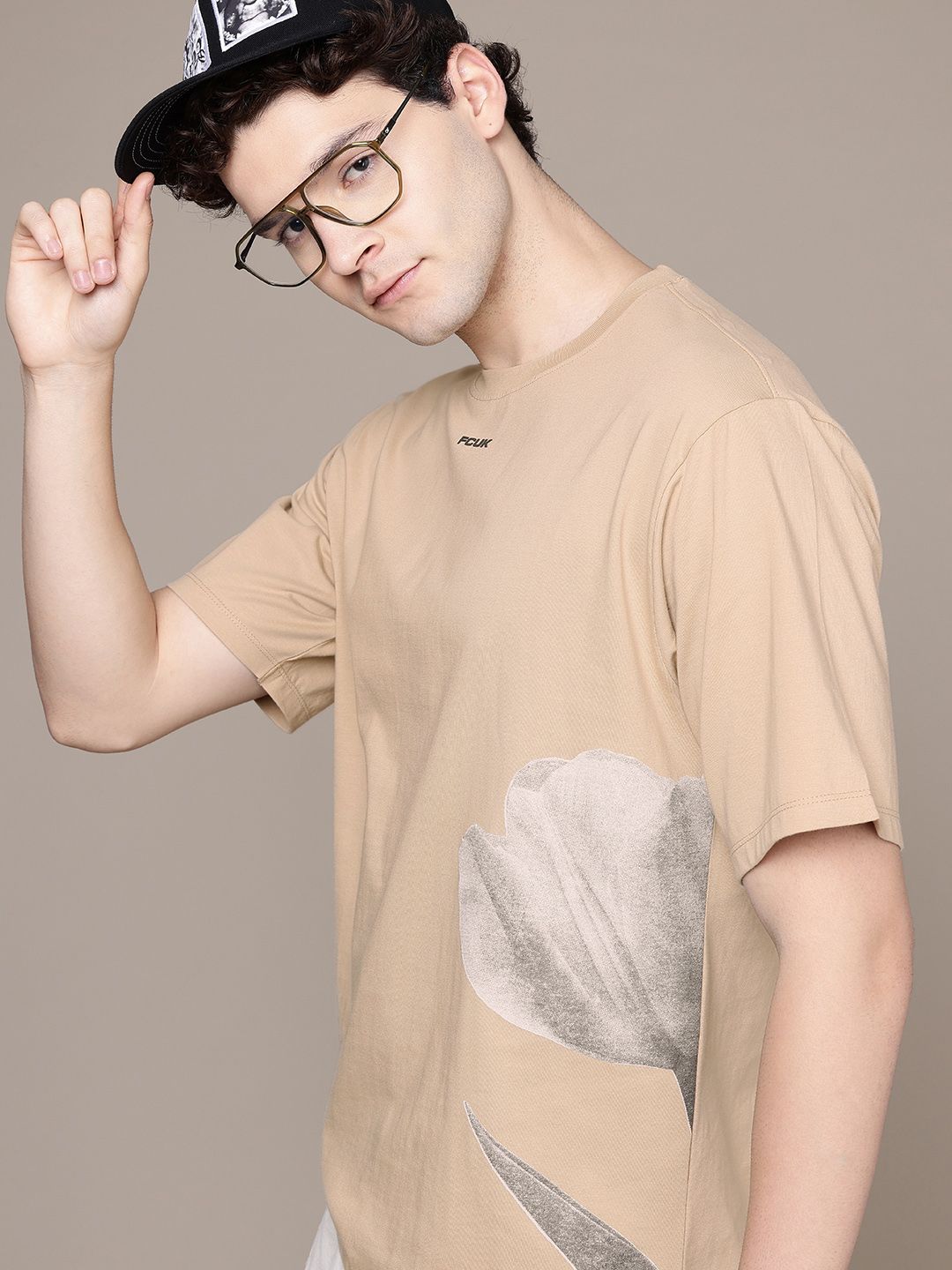 FCUK Printed Drop-Shoulder Sleeves Pure Cotton Relaxed Fit T-shirt
