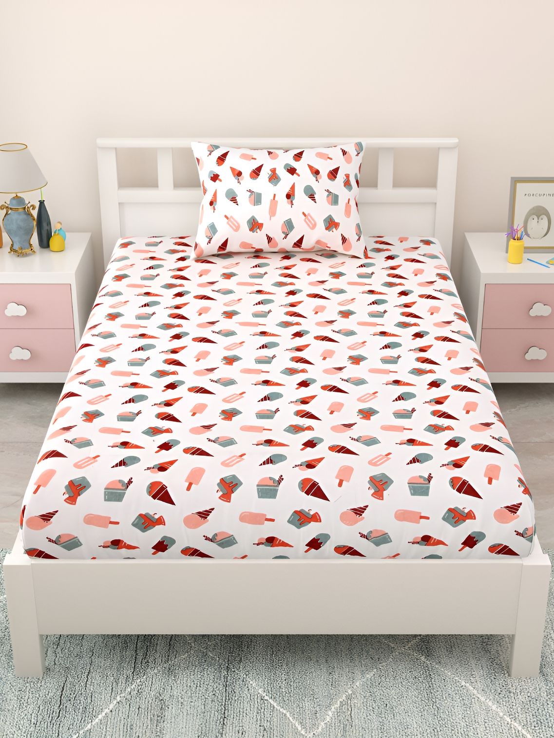 MAFATLAL MAFATLAL White & Red Cartoon Characters Cotton 144 TC Single Bedsheet with 1 Pillow Covers