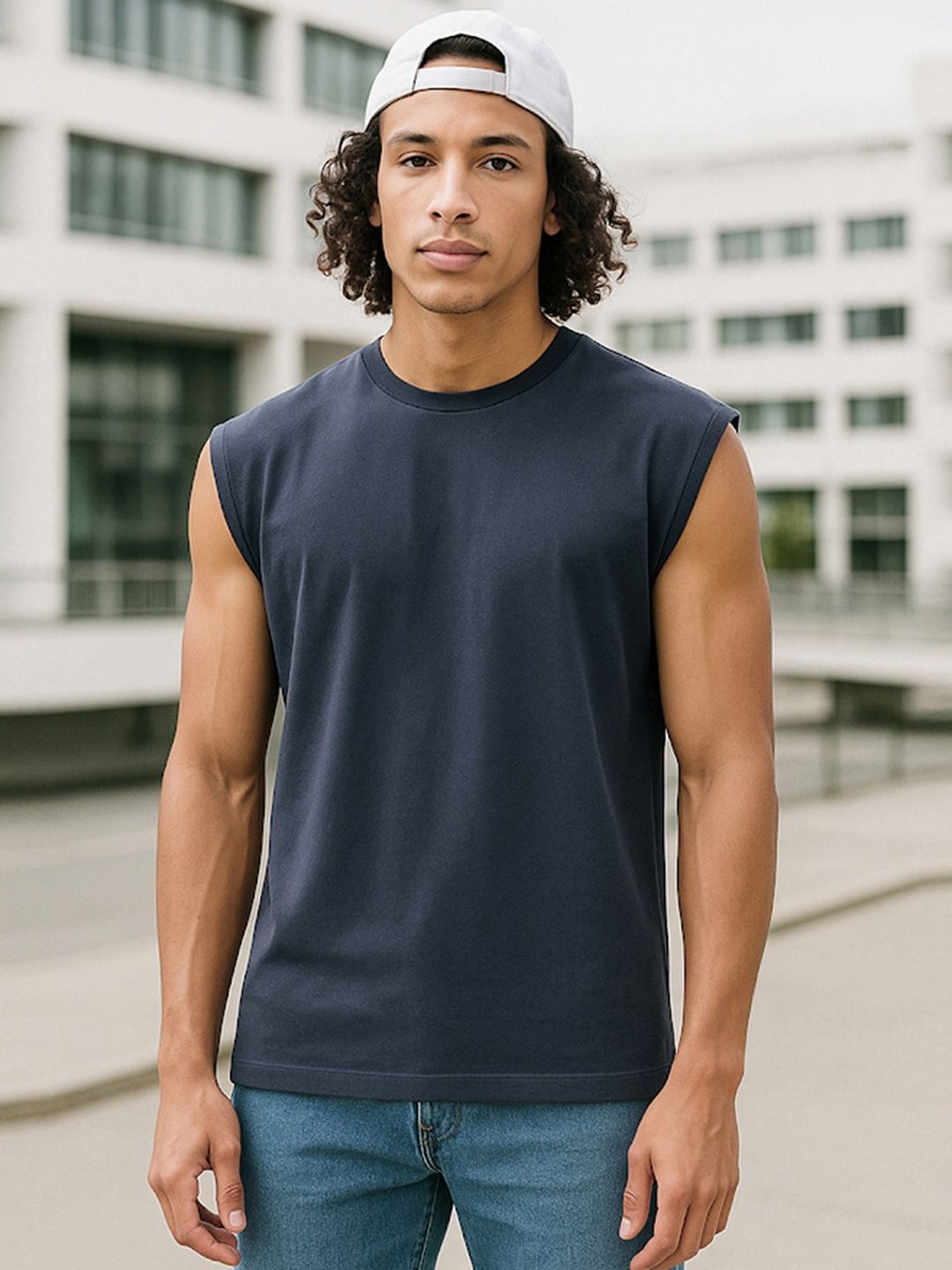 Bewakoof Men's Blue Boxy Fit Vest