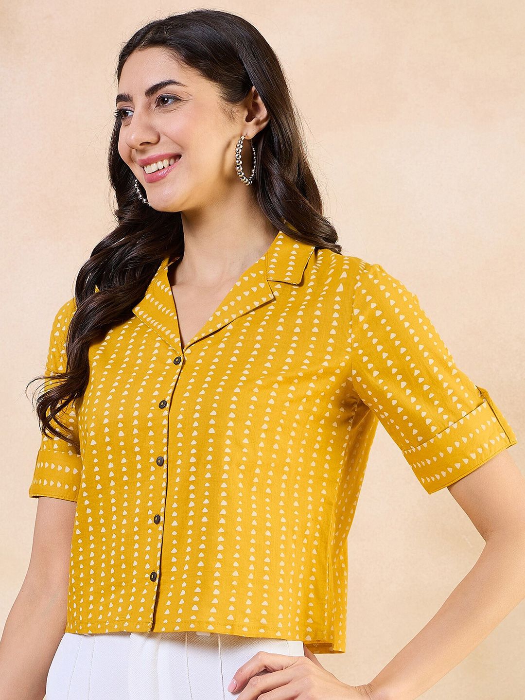 Buy Anouk Geometric Print Roll-Up Sleeves Cotton Top - Tops for
