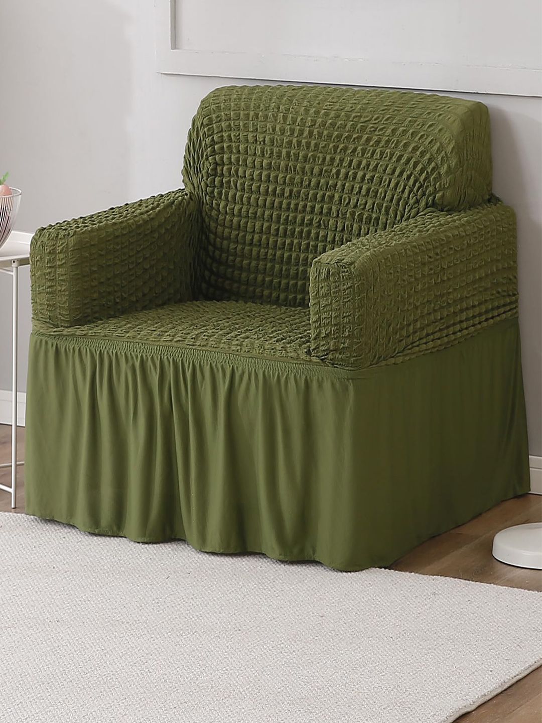 HOKIPO Green Stretchable 280 GSM Elastic Bubble Couch Cover with Frill 1 Seater