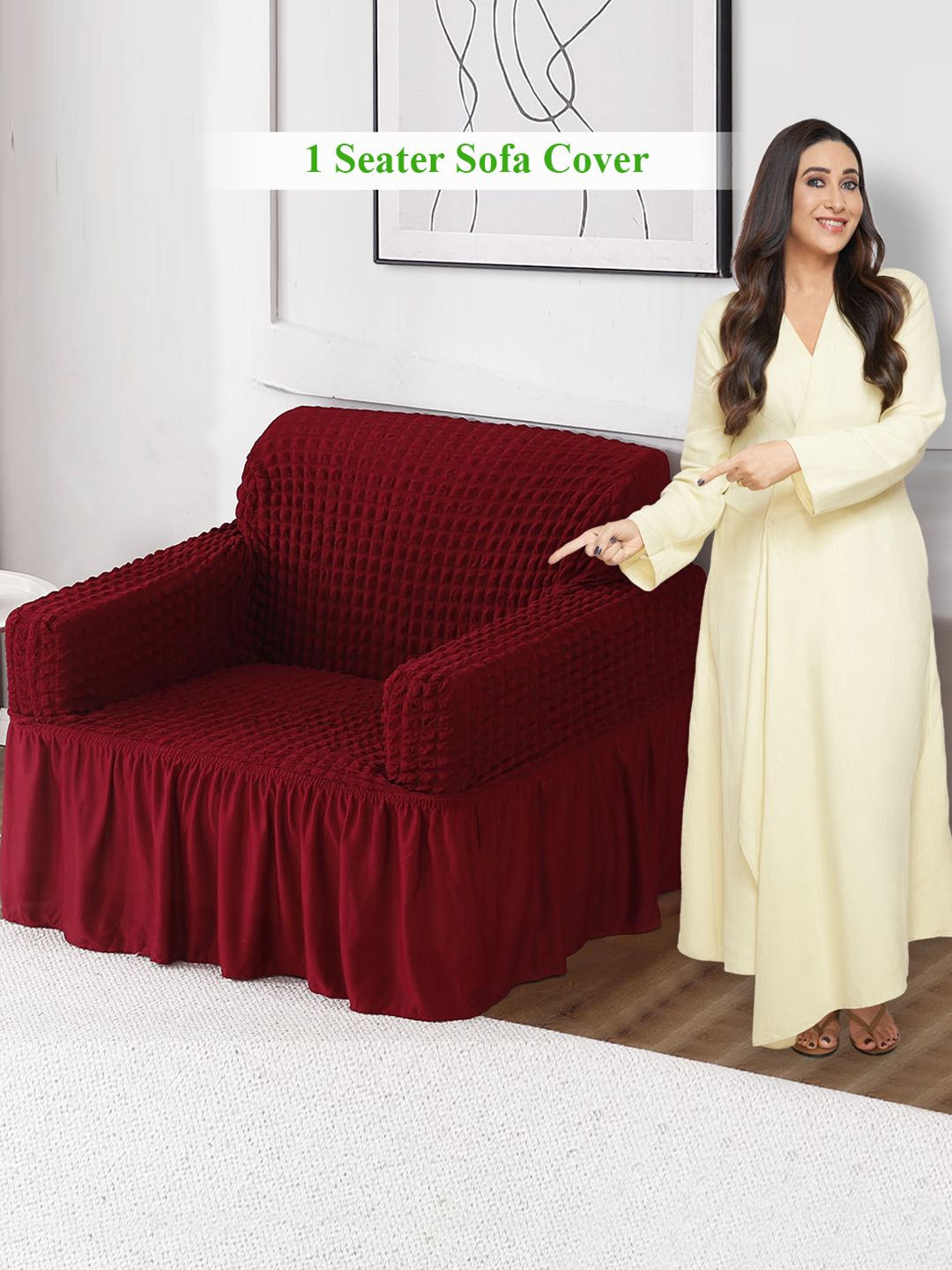 HOKIPO Cherry Red 280 GSM Stretchable Elastic Bubble Frill Cover for Sofa for 1 Seater