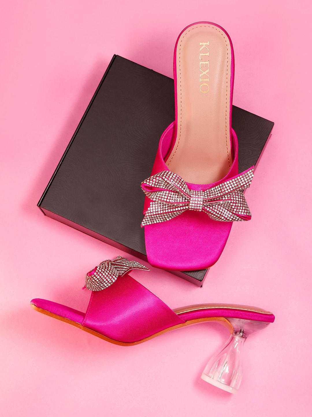 KLEXIO Embellished Open Toe Block Heels With Bow