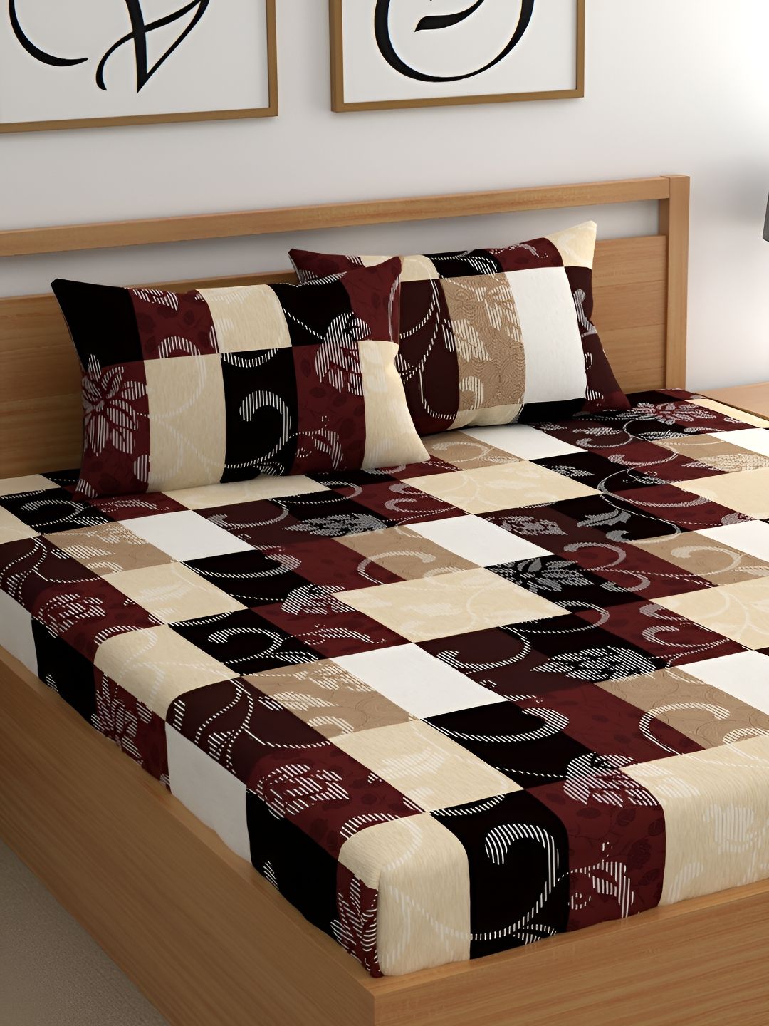 CG HOMES CG HOMES Brown Floral Cotton 160 TC Fitted Queen Bedsheet with 2 Pillow Covers-183 x 183 cm