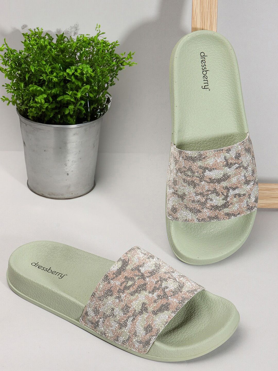 DressBerry Women Green Textured Sliders