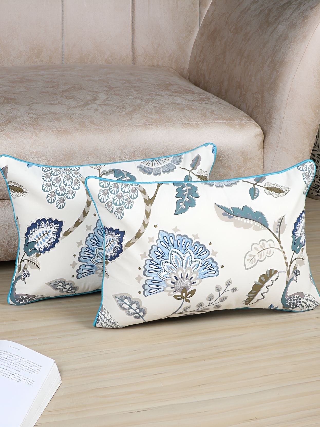 MFD HOME FURNISHING Beige Floral Polyester Silk Breathable 2 Pcs Cushion Covers -12x18In
