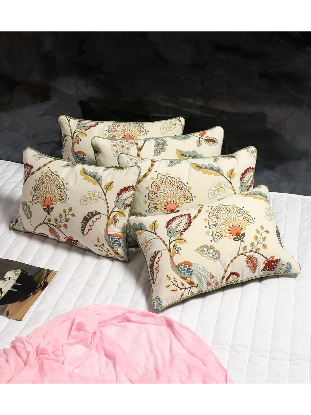 MFD HOME FURNISHING Beige & Green 5 Pieces Floral Rectangle Cotton Cushion Covers