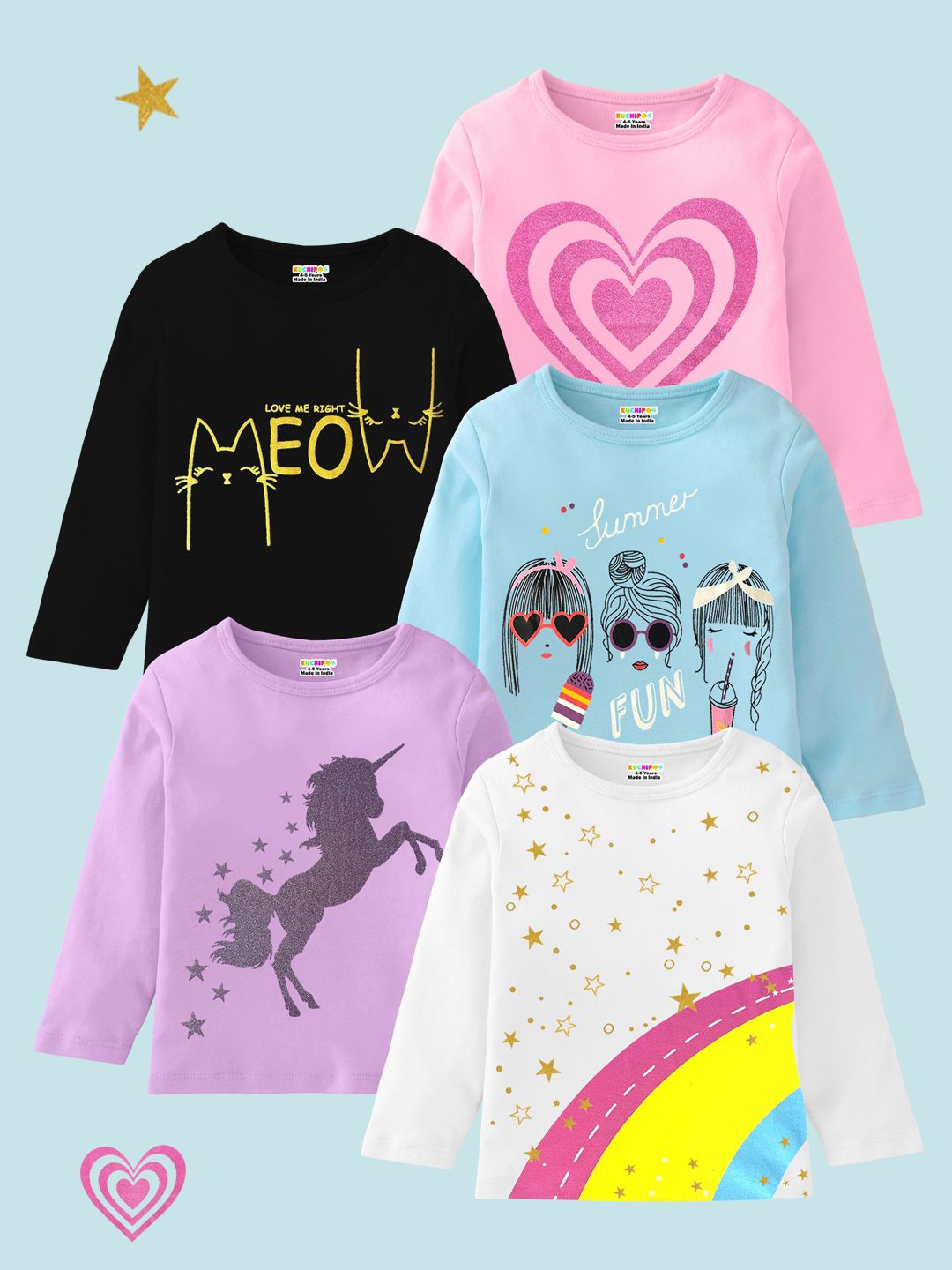 KUCHIPOO Pack Of 5 Girls Graphic Printed Round Neck T-shirts