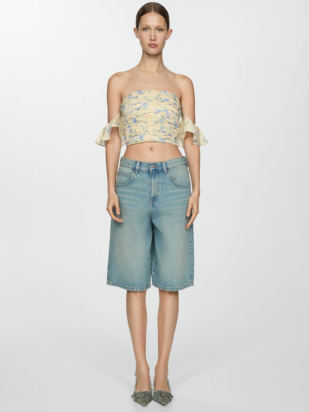Floral Print Off-Shoulder Smocked Bardot Crop Top