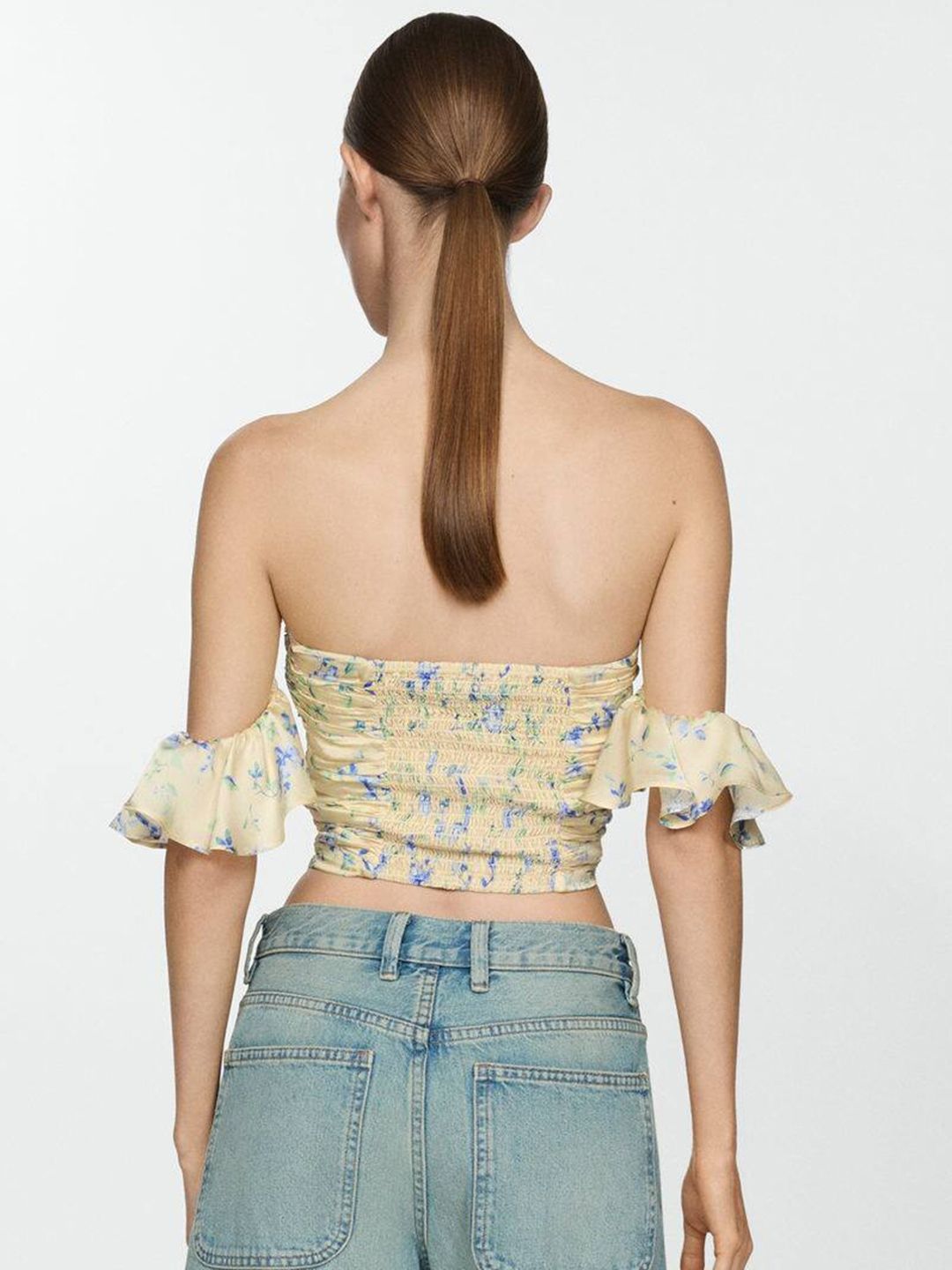 Floral Print Off-Shoulder Smocked Bardot Crop Top