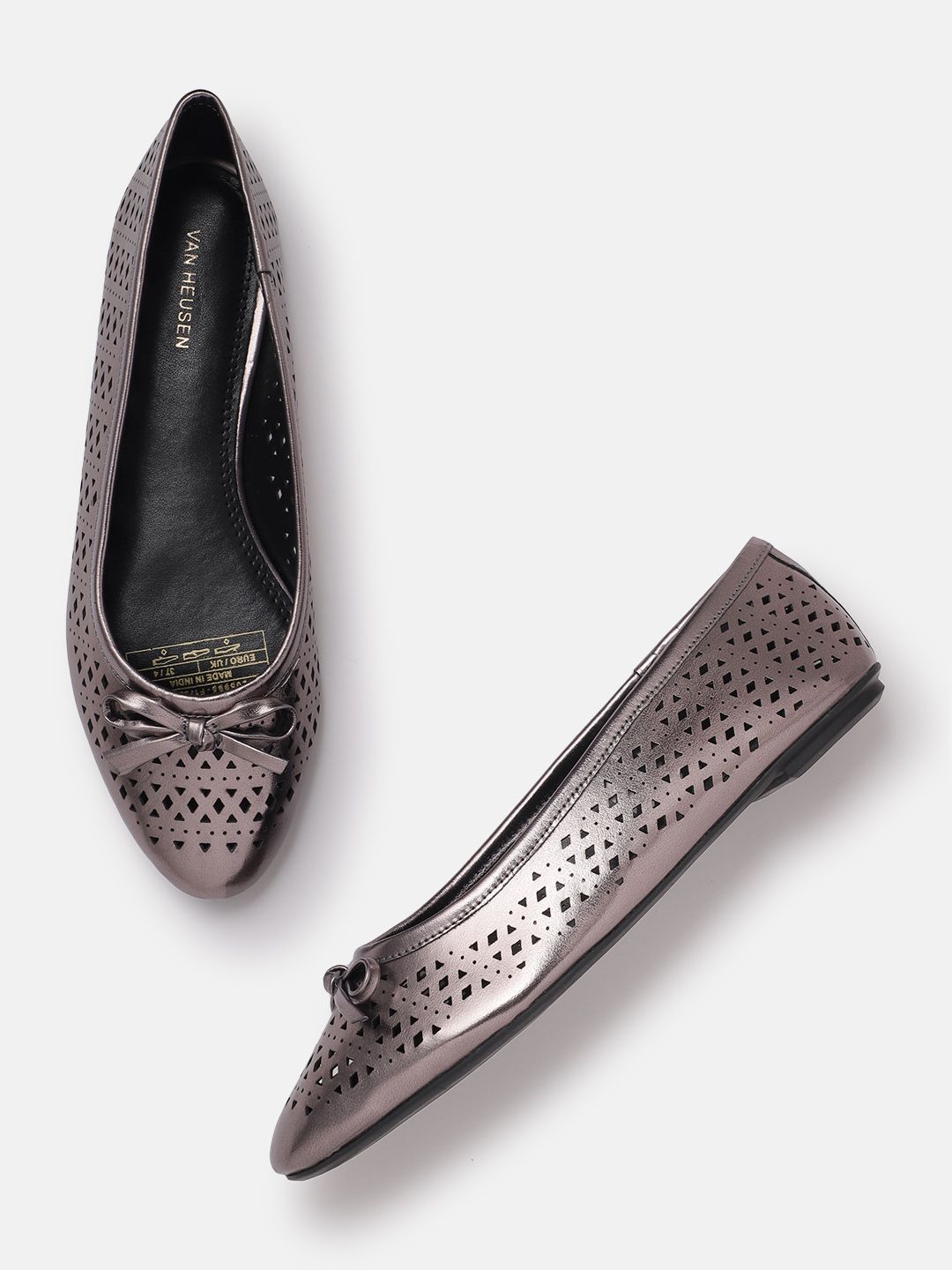 Van Heusen Women Textured Ballerinas with Laser Cuts & Bow Detail