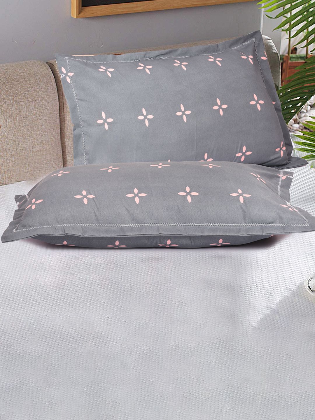 RRC RRC Grey & Pink 2 Pieces Printed Rectangle Pillow Covers