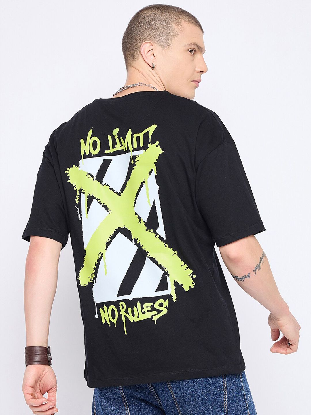 Mast & Harbour Oversized Typography Printed Drop-Shoulder Sleeves Cotton T-shirt