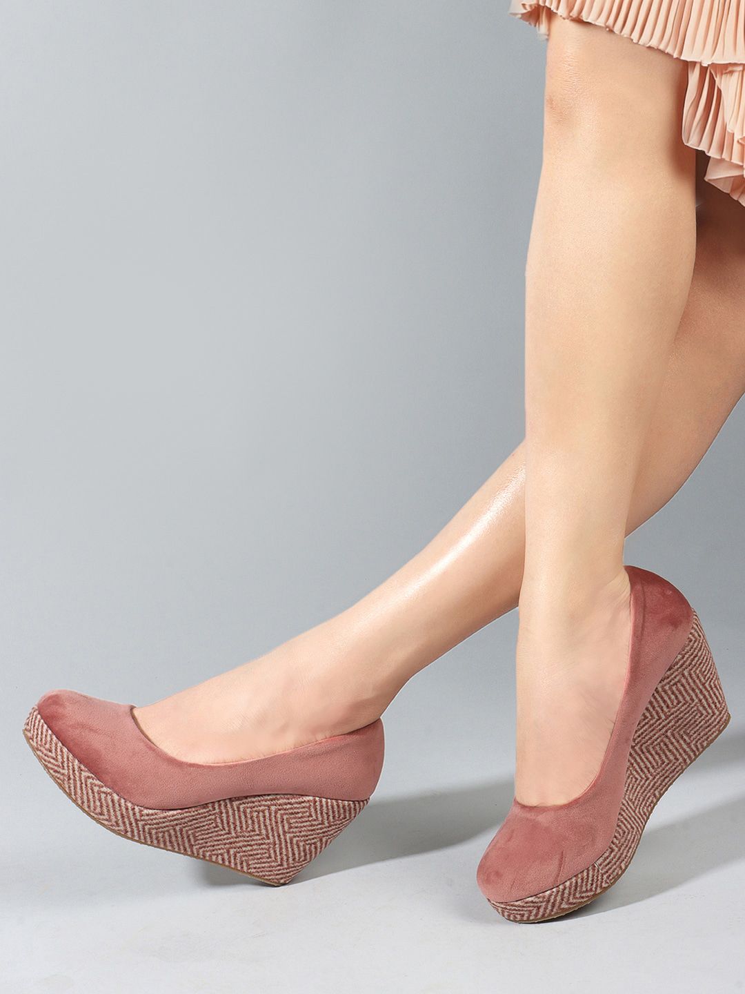 Mast & Harbour Peach Coloured Round Toe Wedge Heeled Pumps