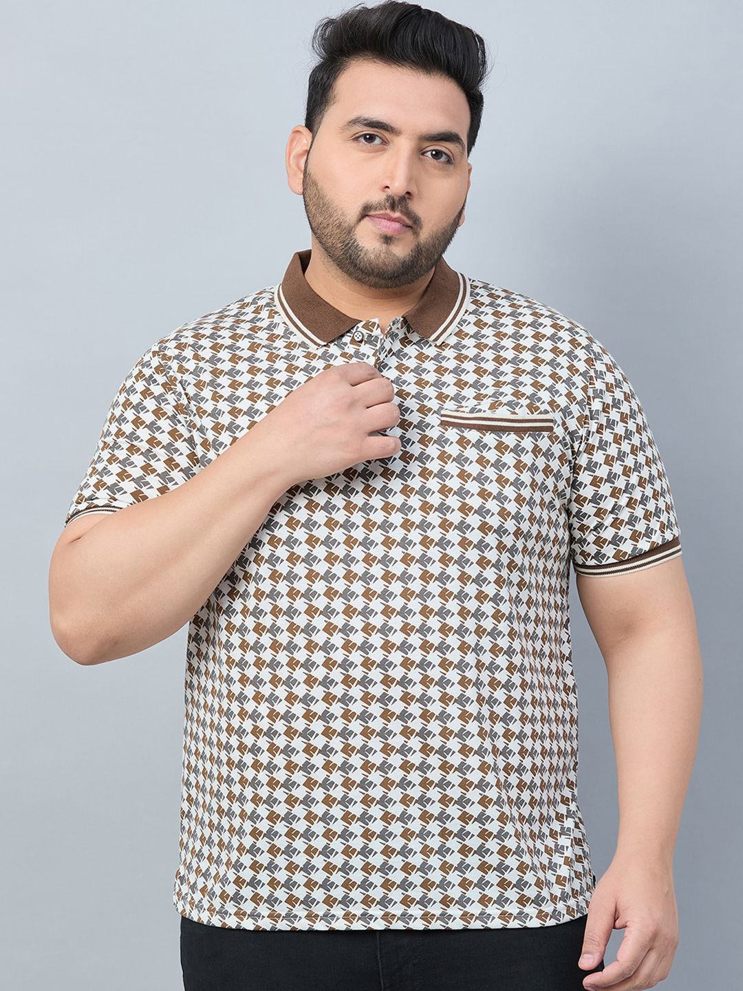 AUSTIVO Plus Size Printed Polo Collar Pockets Cotton T-shirt