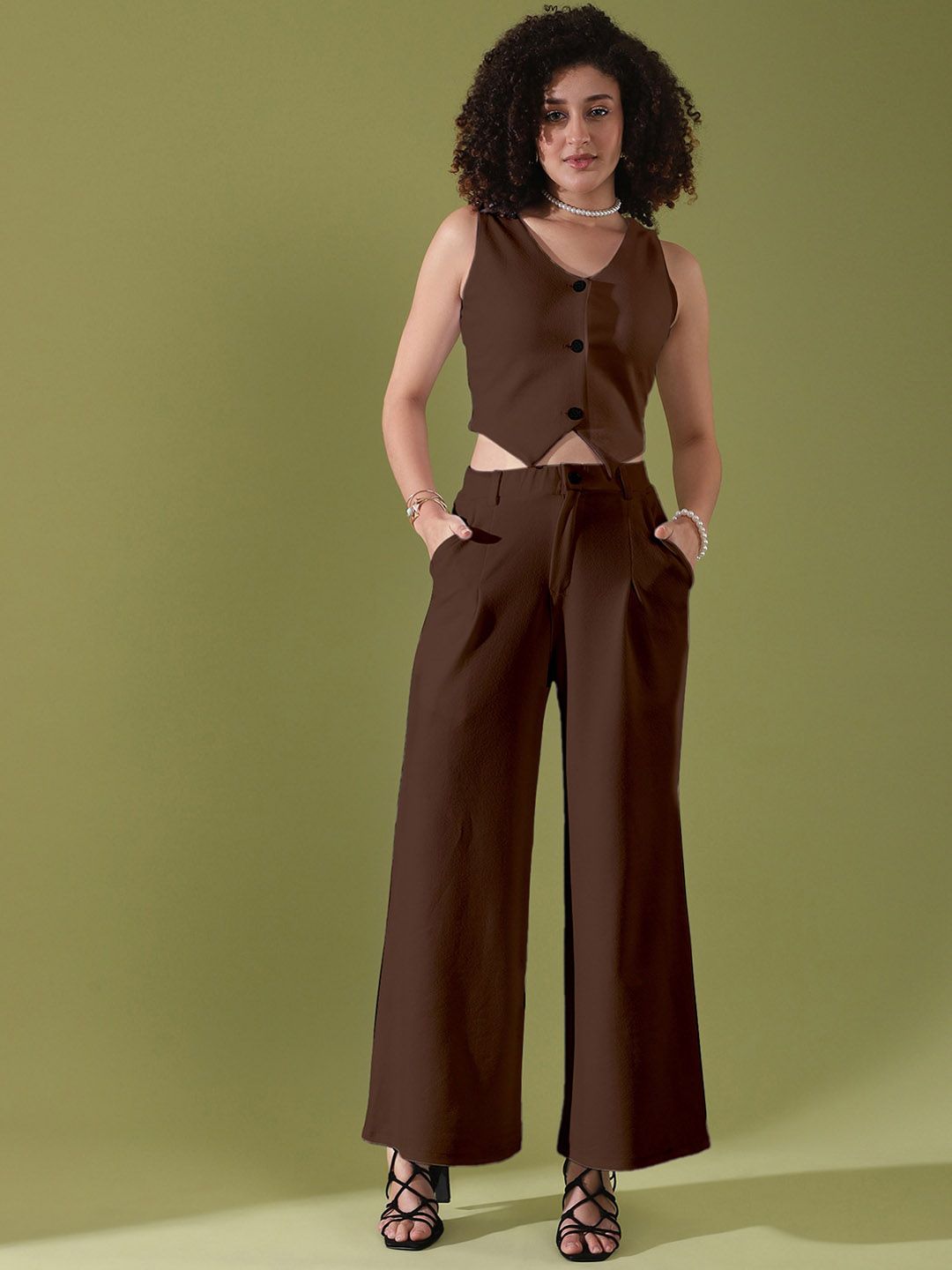 Selvia V-Neck Sleeveless Crop Top With Trouser Co-Ords