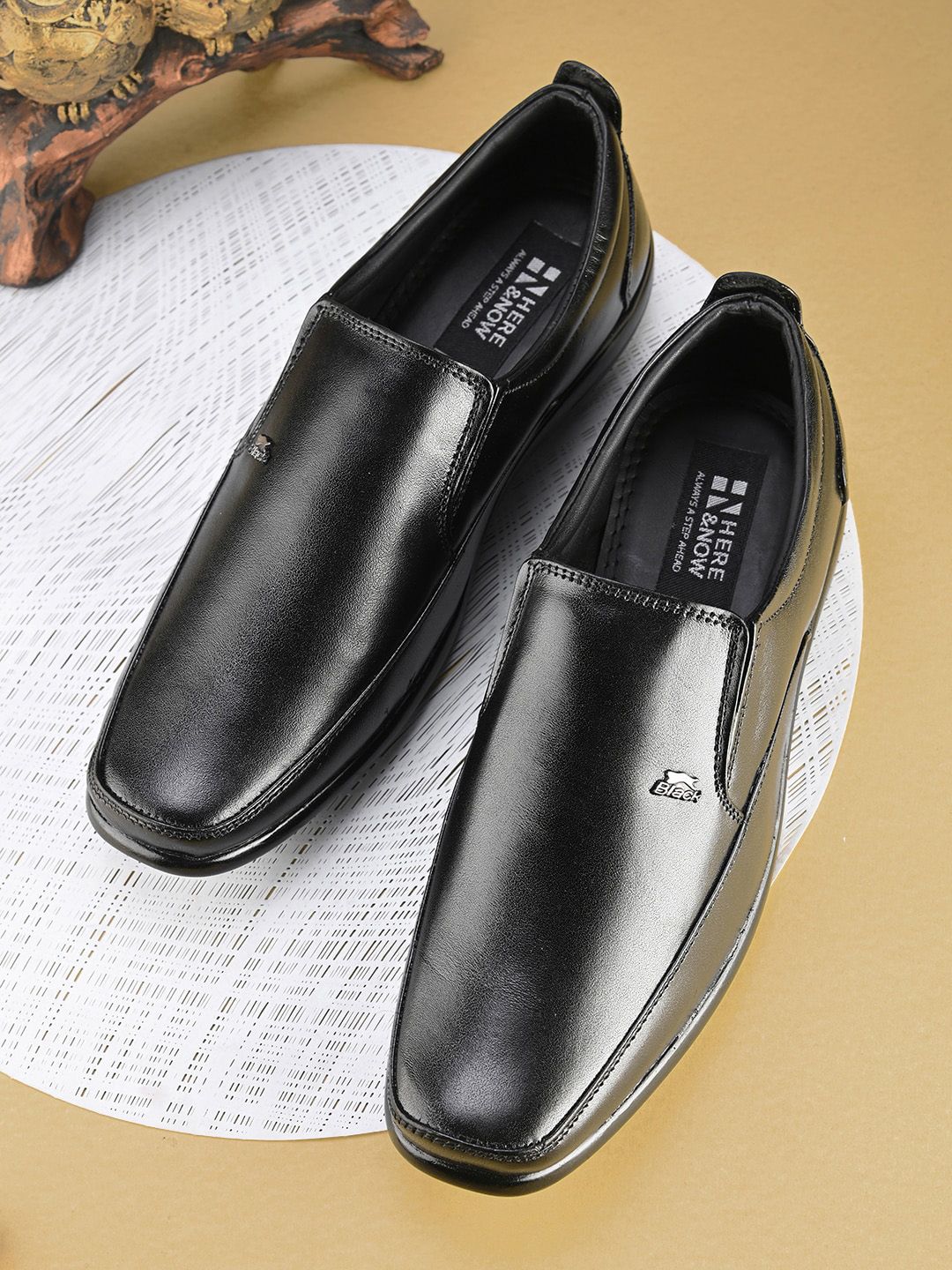 HERE&NOW Men Black Round Toe Leather Formal Slip-On Shoe