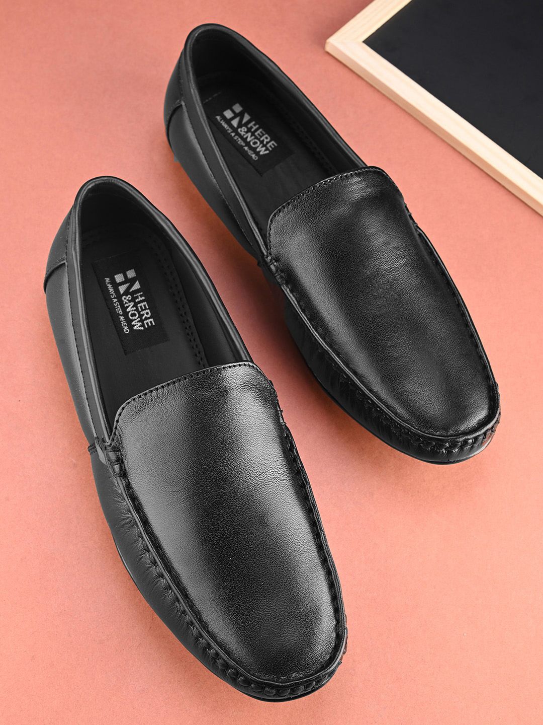 HERE&NOW Men Black Round Toe Leather Formal Loafers