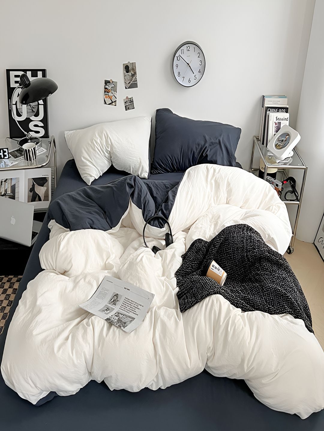 JC HOME Navy Blue & White AC Room Double King Bedding Set