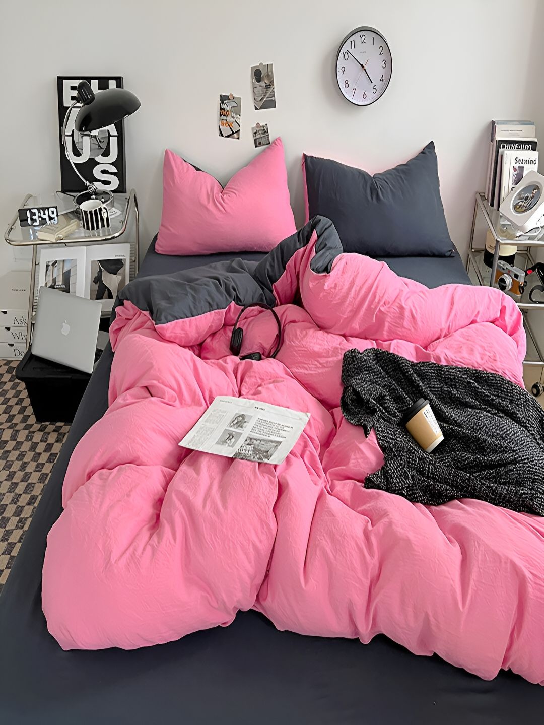 JC HOME Navy Blue & Pink Single Bedding Set