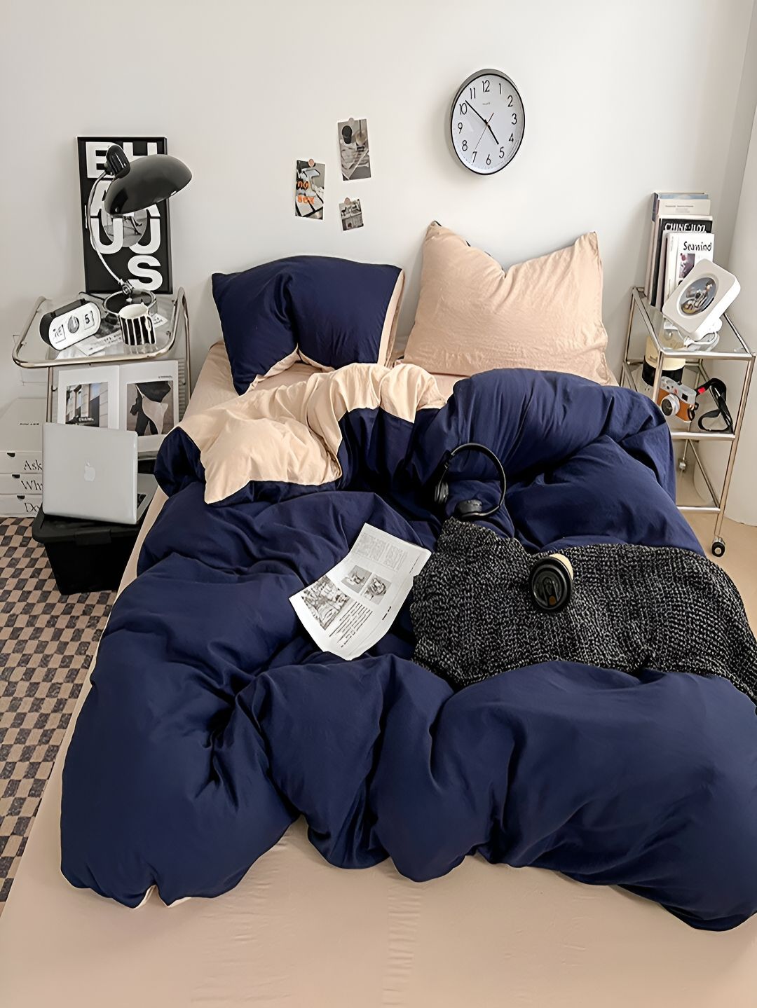 JC HOME Khaki & Navy Blue Solid Polycotton 4 Piece Double Queen Regular Bedding Set