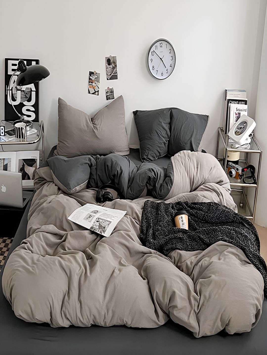 JC HOME Grey & Beige Solid Polycotton 4 Piece Double Extra Large Regular Bedding Set