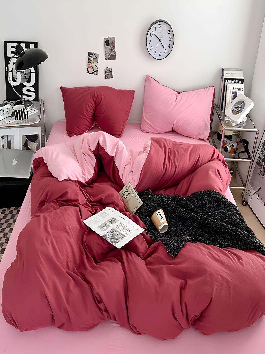 JC HOME Pink & Red Solid Polycotton 4 Piece Double Extra Large Regular Bedding Set