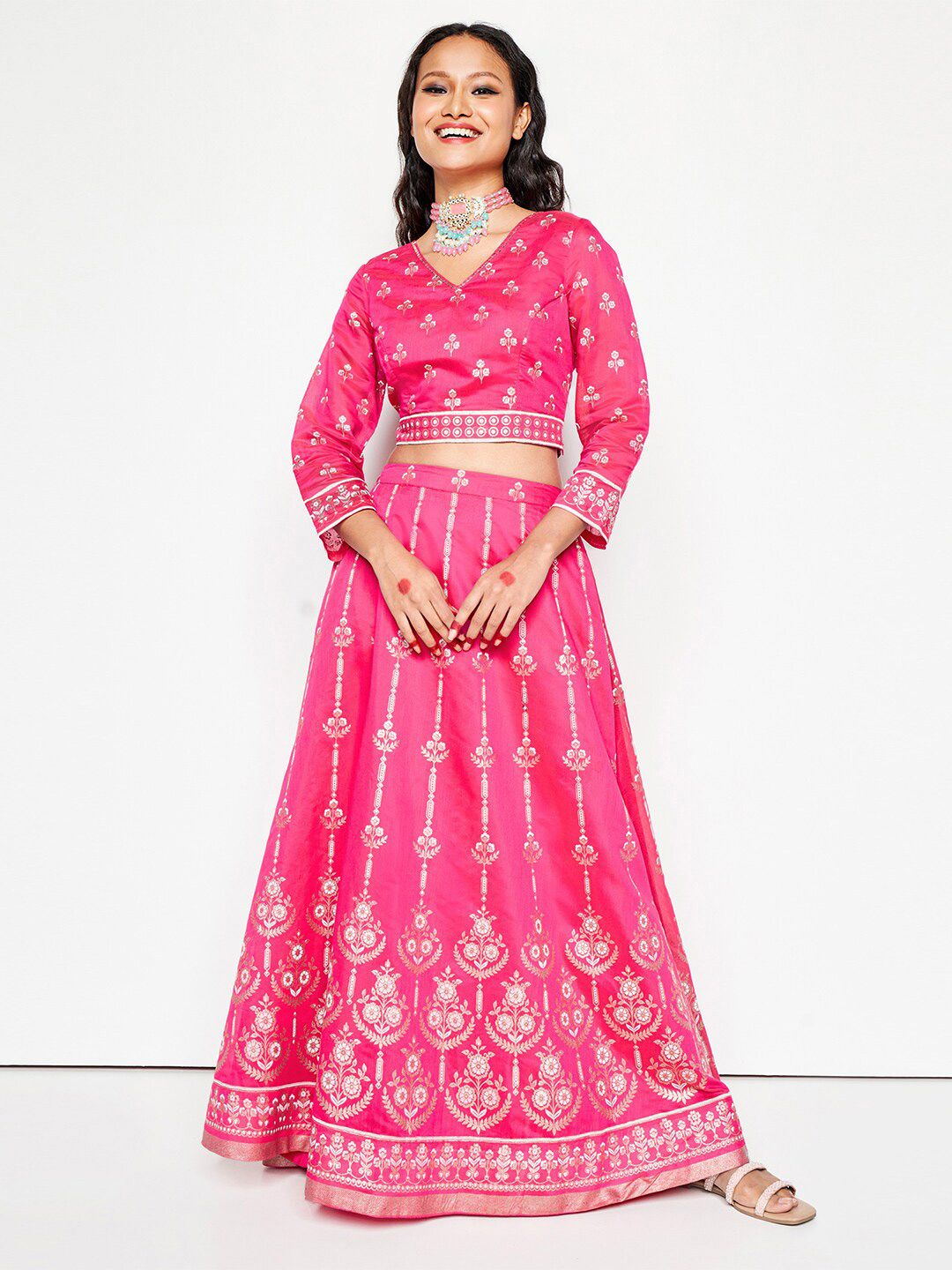 Global Desi Global Desi  Printed V-Neck Top With Skirt