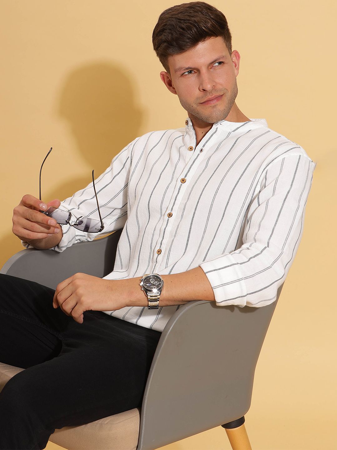 HERE&NOW Striped Band Collar Cotton Short Kurta