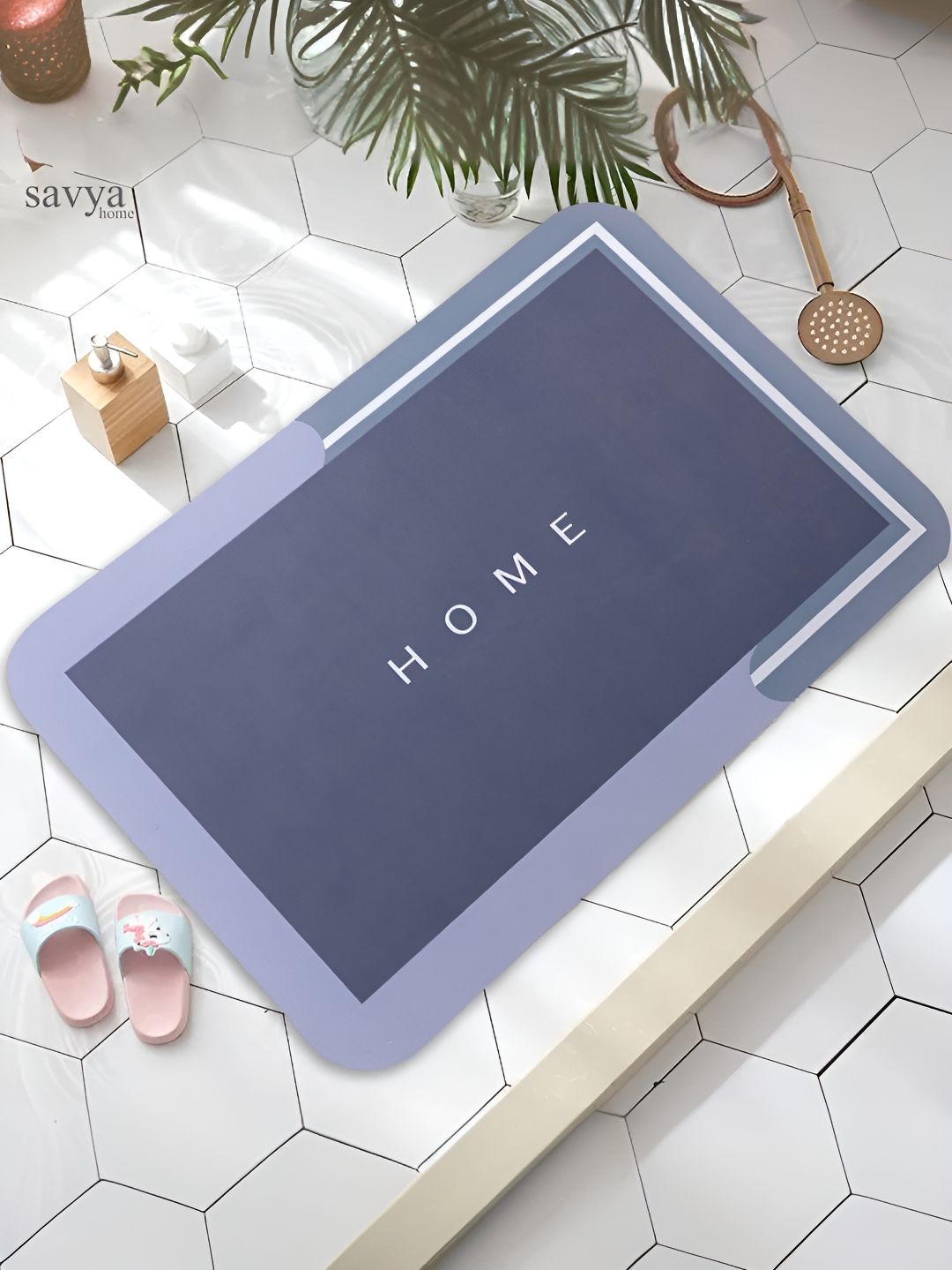 SAVYA HOME Blue and grey Colourblocked 210 GSM Polyester Bath Mat