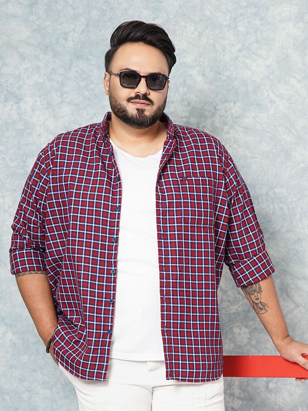 Hardsoda by The Indian Garage Co Plus Size Checked Spread Collar Long Sleeves Casual Shirt