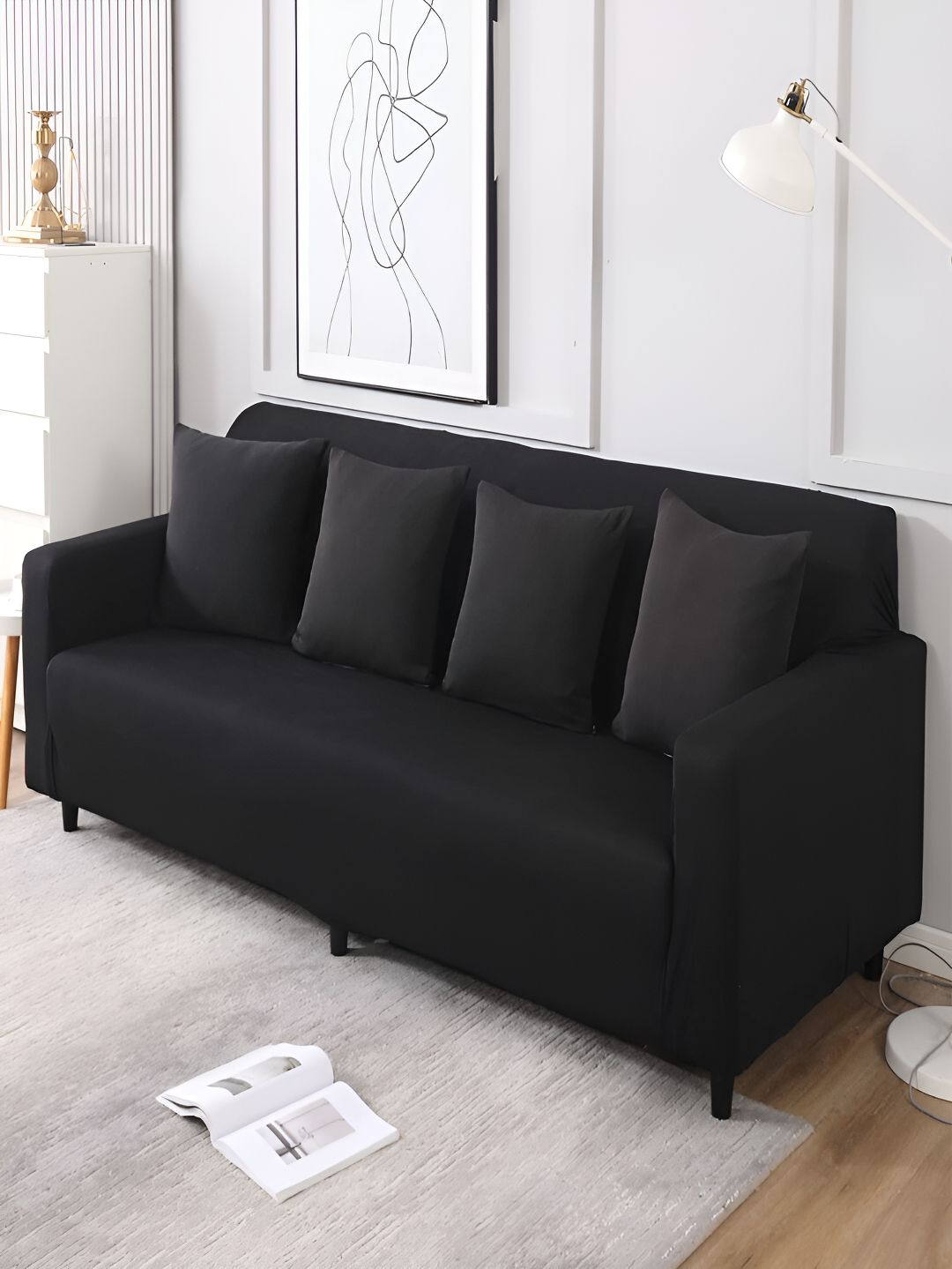 Buffer Couch Surfers Black サイズ4 Buy HOKIPO Black 4 Seater Elasticated Sofa Cover With Arms - Sofa